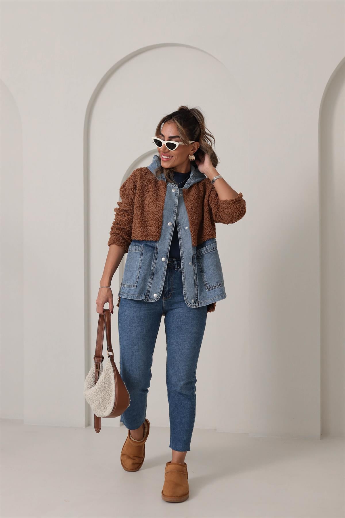 4163 Kot Garnili Kapşonlu Teddy Mont ACI KAHVE