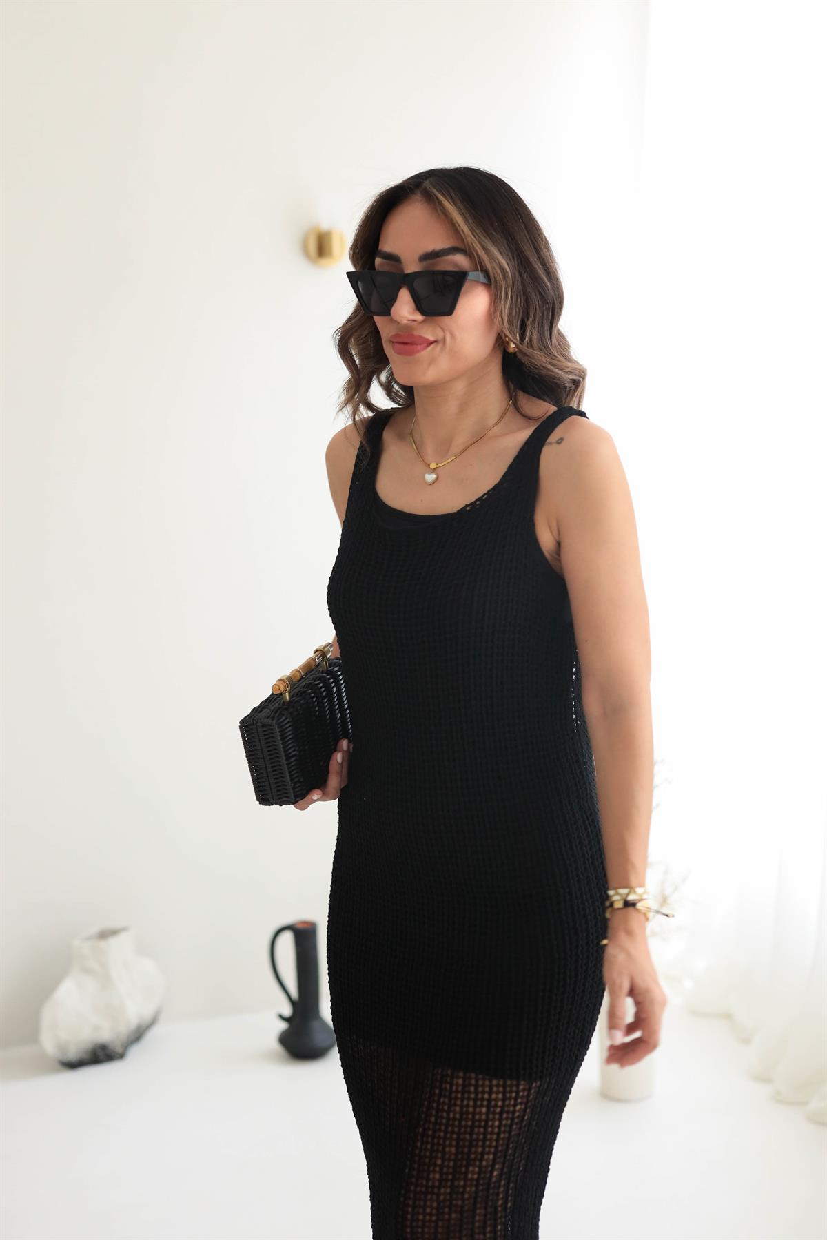 0206 Askılı Ajurlu Astarlı Triko Elbise