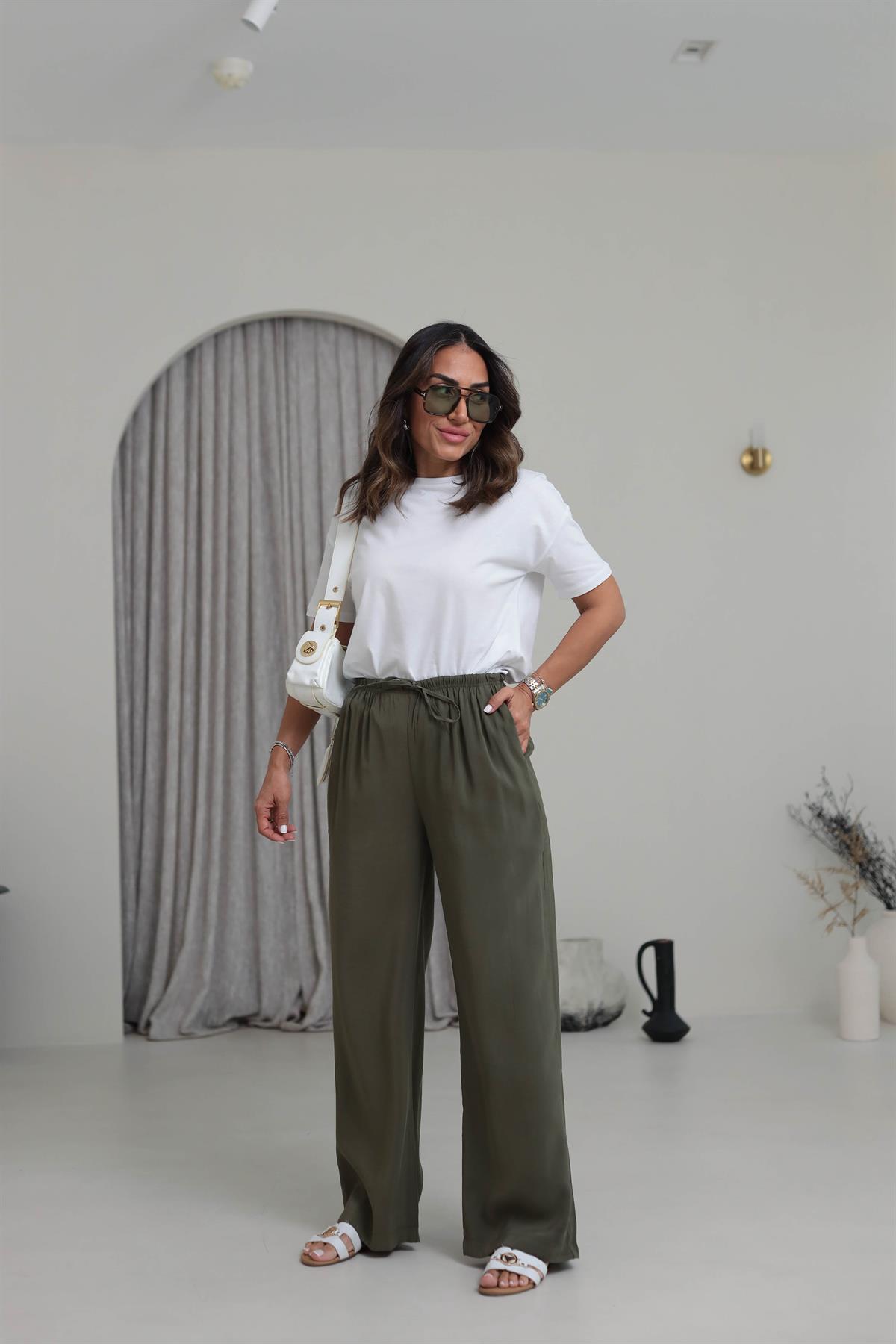 8002 Beli Lastikli Bağcıklı Tencel Pantolon HAKİ YEŞİL