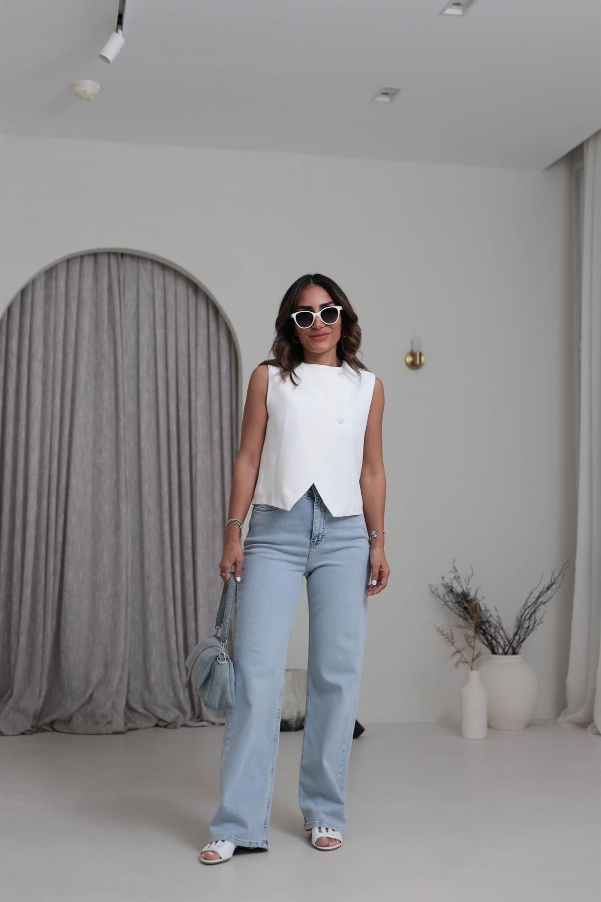 6832 Asimetrik Kesim Çift Düğmeli Double Yelek BEYAZ