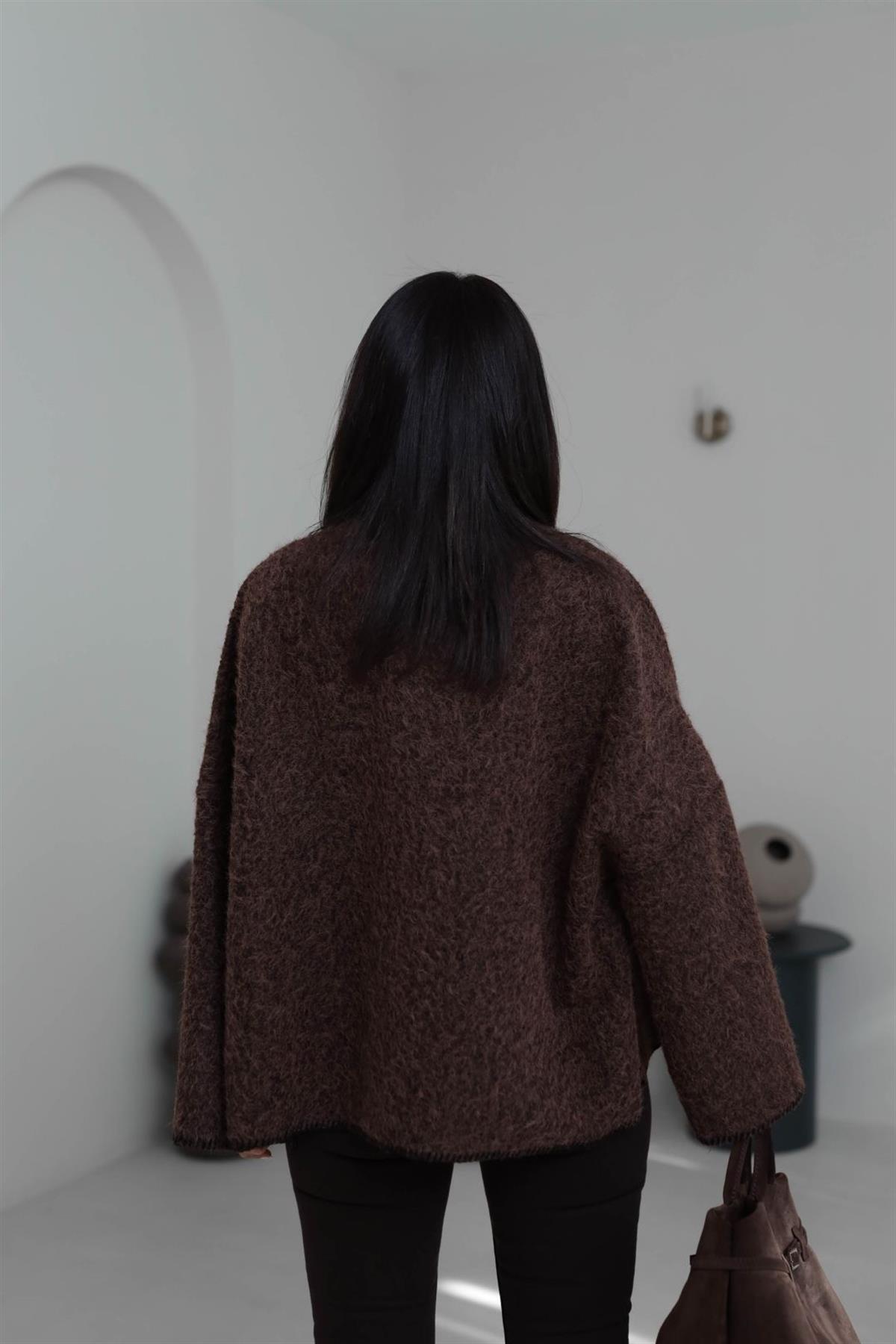 0563 Dikiş Detaylı Dik Yaka Kaşe Ceket ACI KAHVE