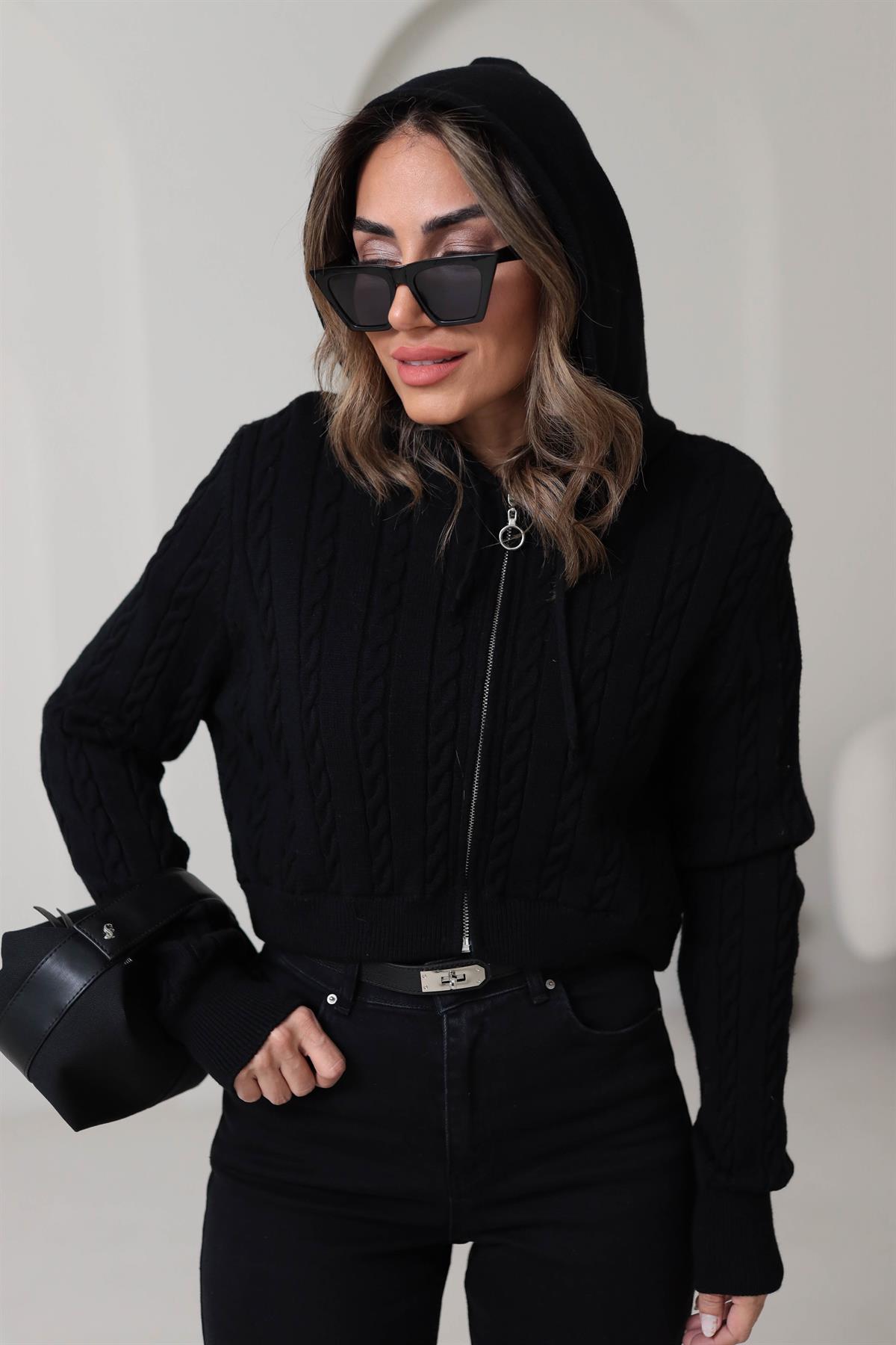 5199 Kapşonlu Fermuarlı Yumuşak Doku Hırka SİYAH