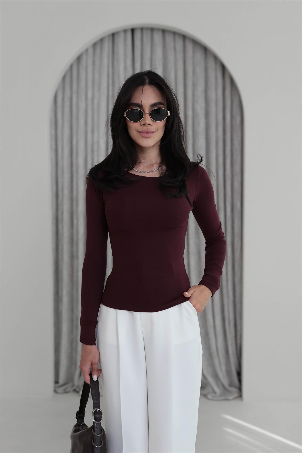 1332 Kayık Yaka Uzun Kollu Bluz BORDO