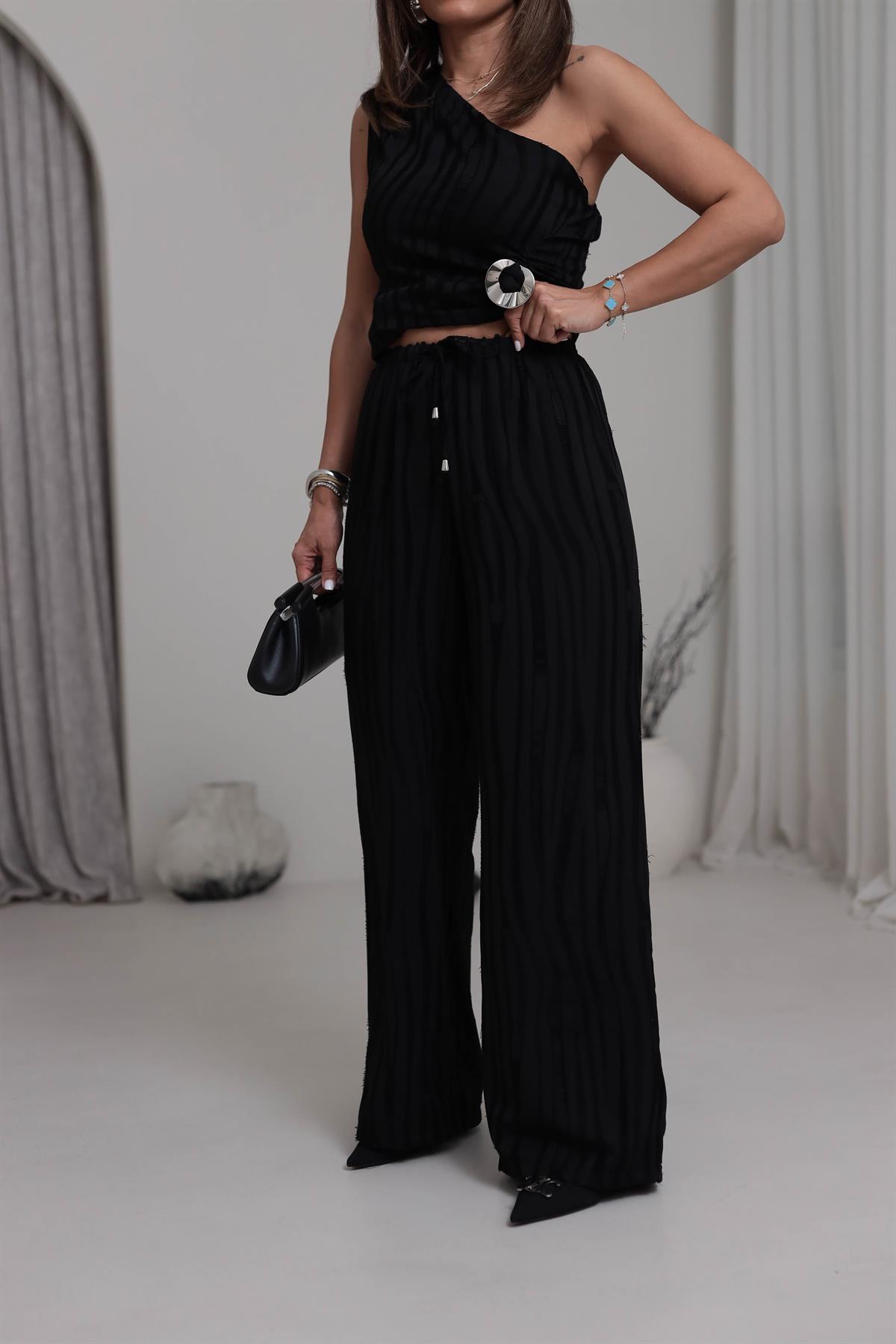 0111 Beli Lastikli Kendinden Desenli Pantolon SİYAH