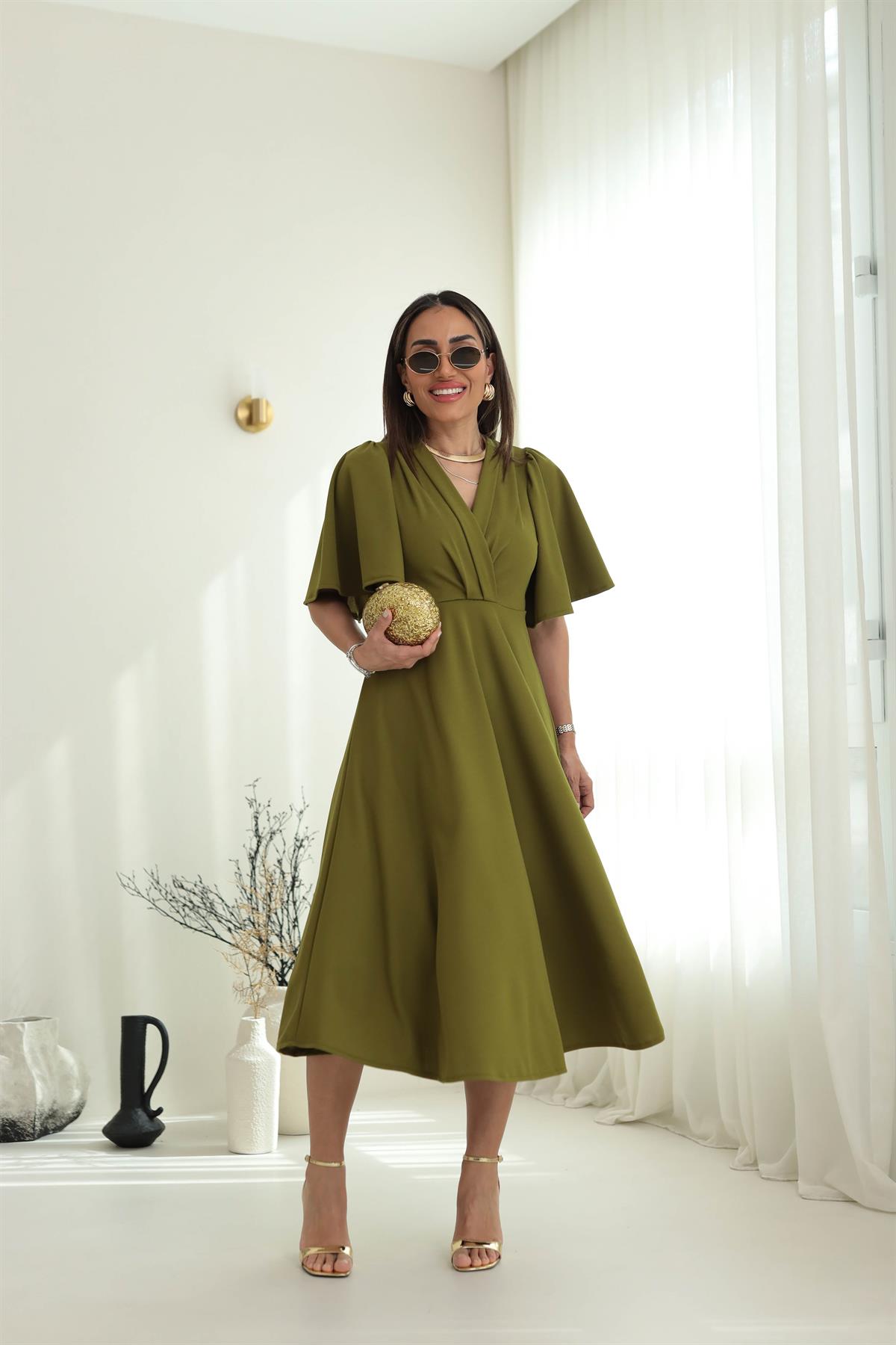 3707 Kol Volanlı Krvaze Yaka Midi Boy Elbise YAĞ YEŞİLİ