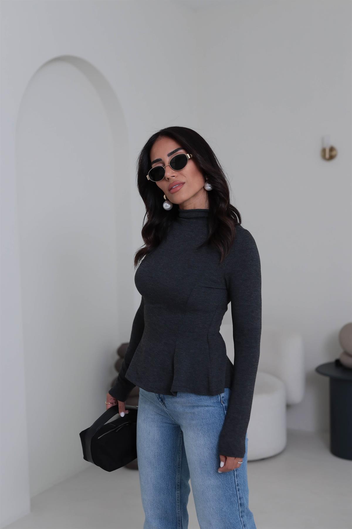 2038 Uzun Kollu Peplum Bluz ANTRASİT