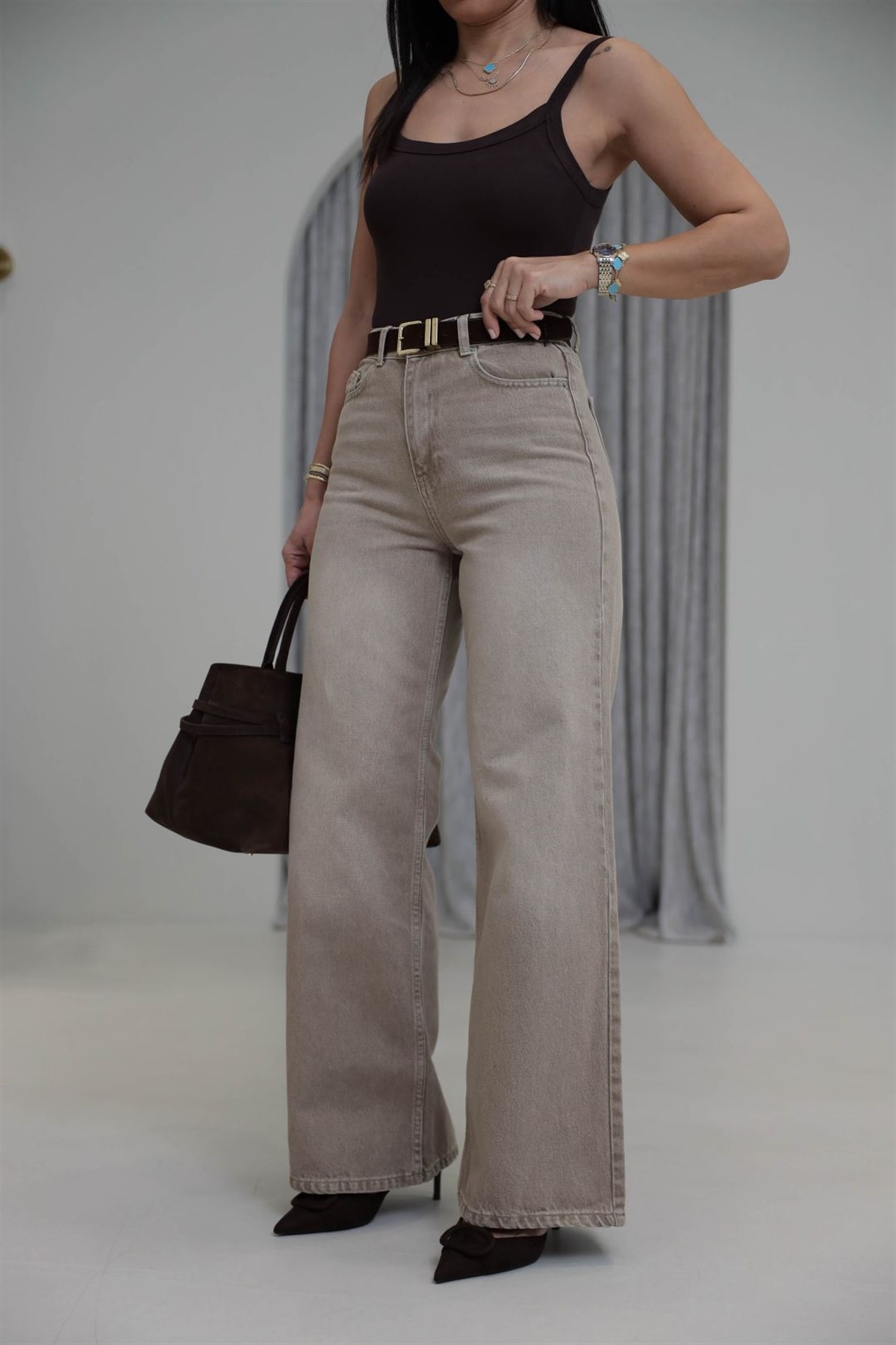 1021 Süet Kemerli Bol Kalıp Pantolon BEJ