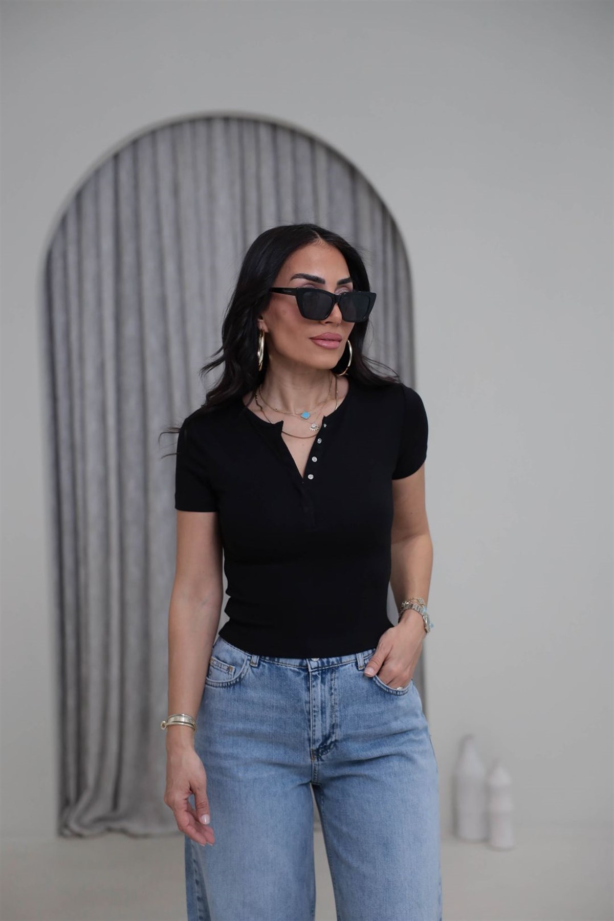 1704 Çıtçıt Düğmeli Kısa Kol Modal Tshirt SİYAH