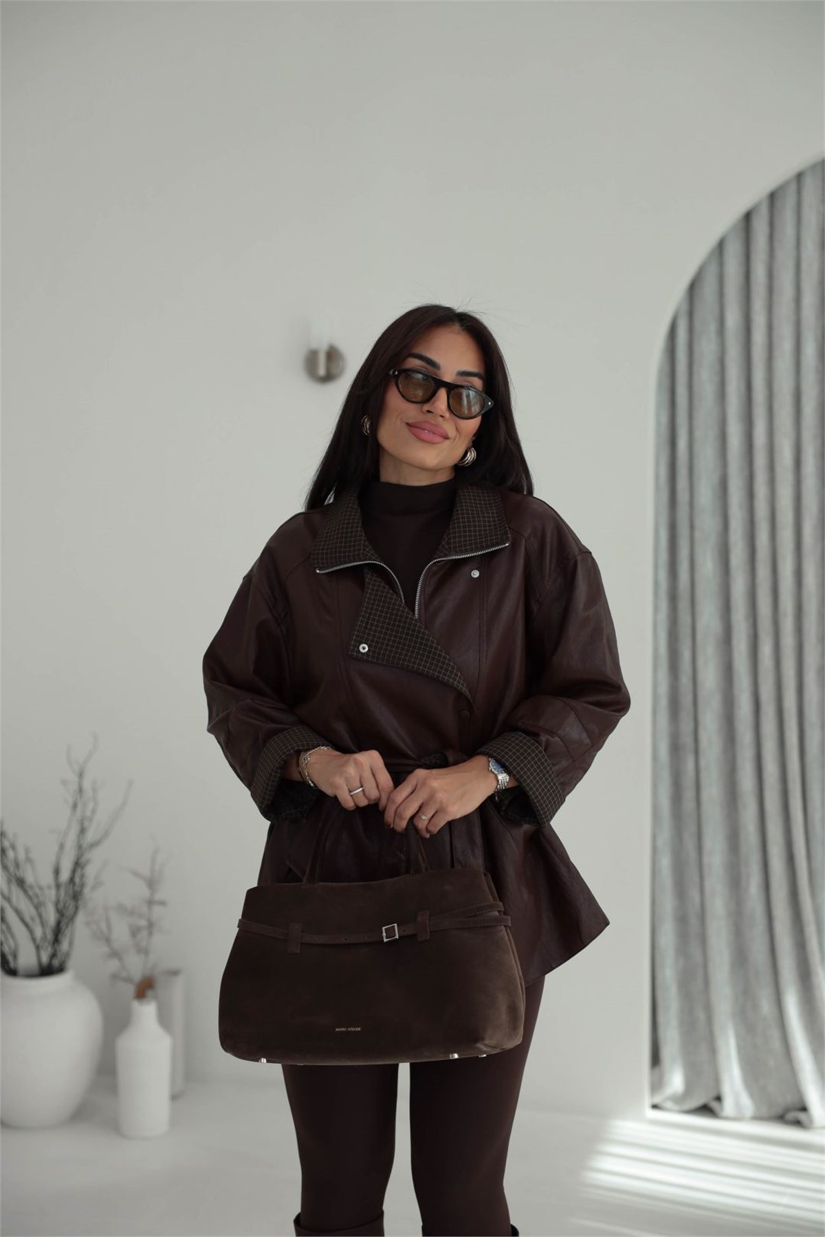 9841 Ekose Detaylı Kuşaklı Aura Deri Ceket BORDO