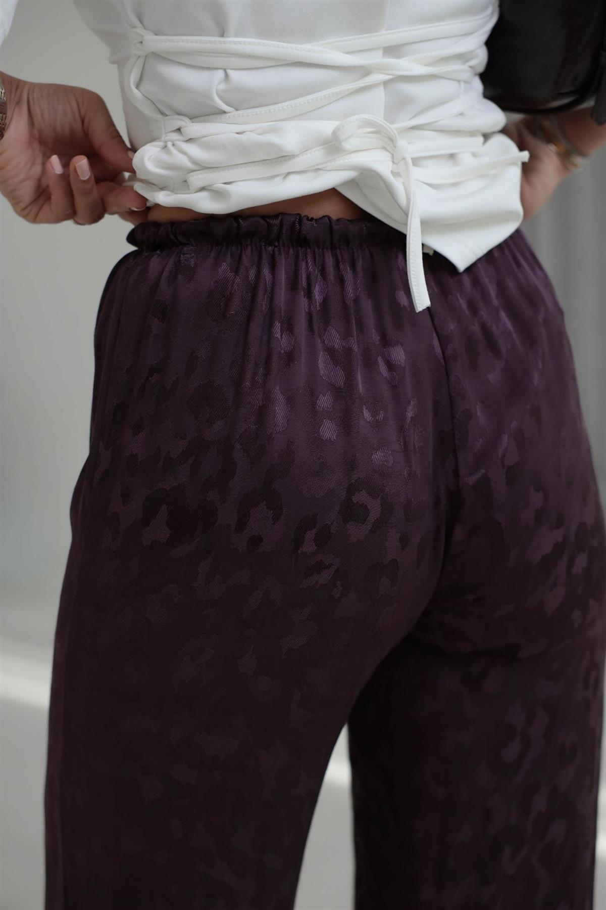 1635Y Leopar Desen Jakarlı Saten Pantolon MÜRDÜM