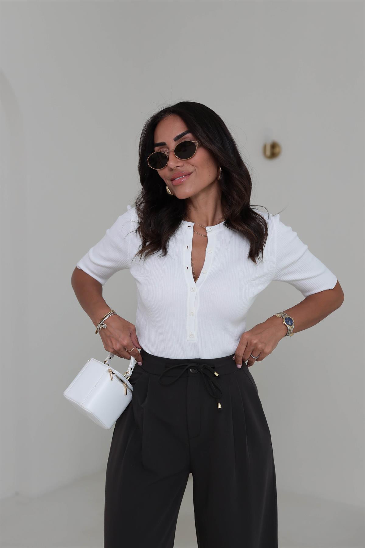 0731 Bisiklet Yaka Fitilli İnce Triko Bluz EKRU