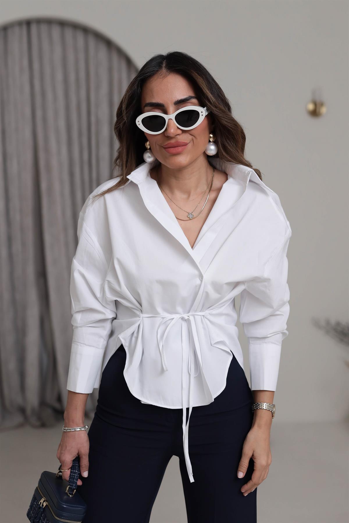 Bel Bağlama Detaylı Oversize Poplin Gömlek BEYAZ