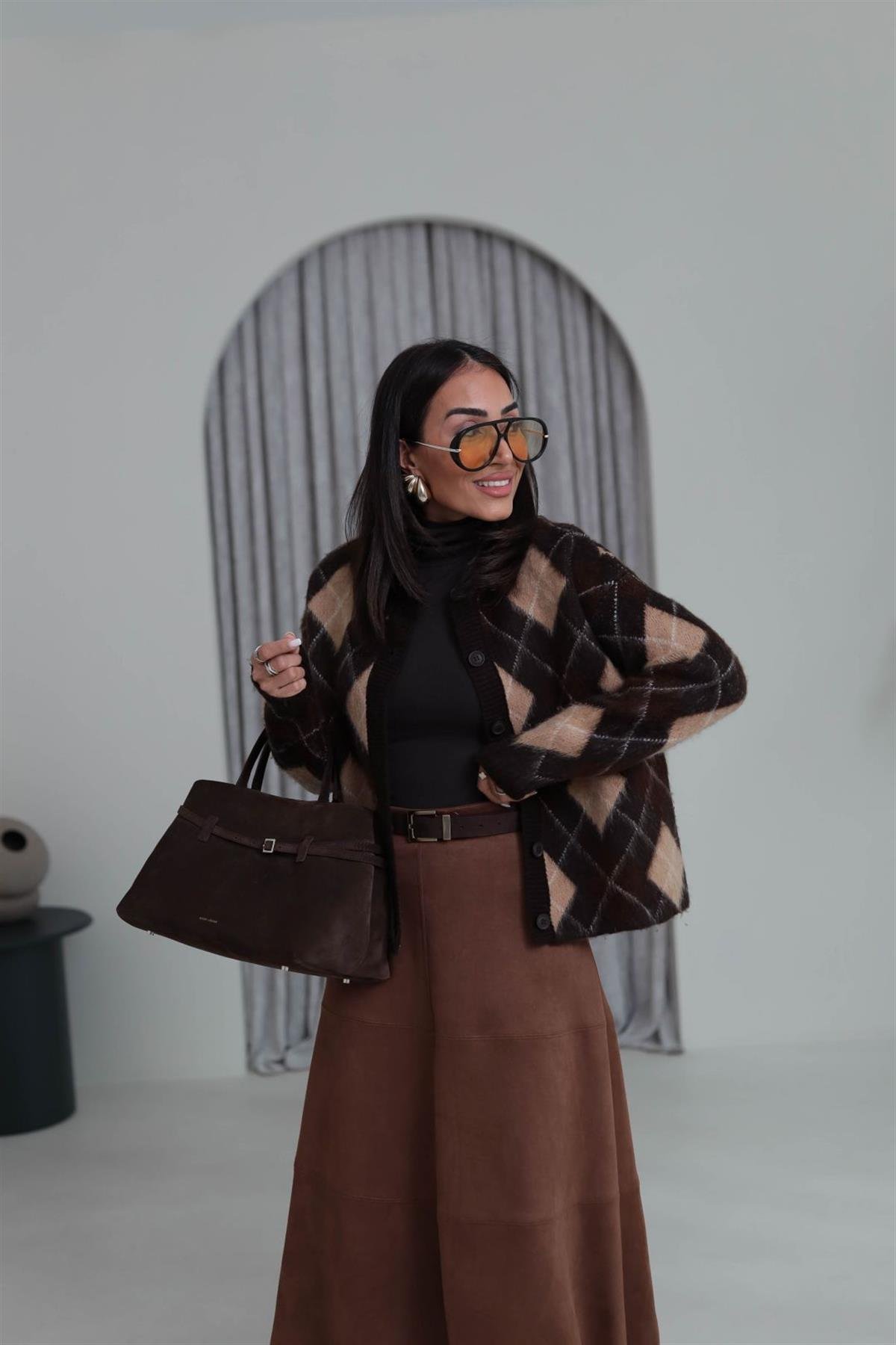 6902 Bisiklet Yaka Baklava Desen Hırka KAHVE