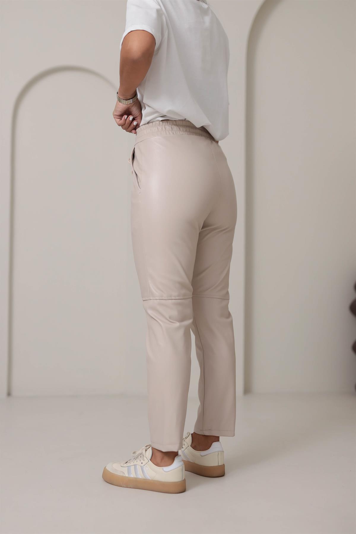 2022 Beli Lastikli Çimalı Deri Pantolon BEJ