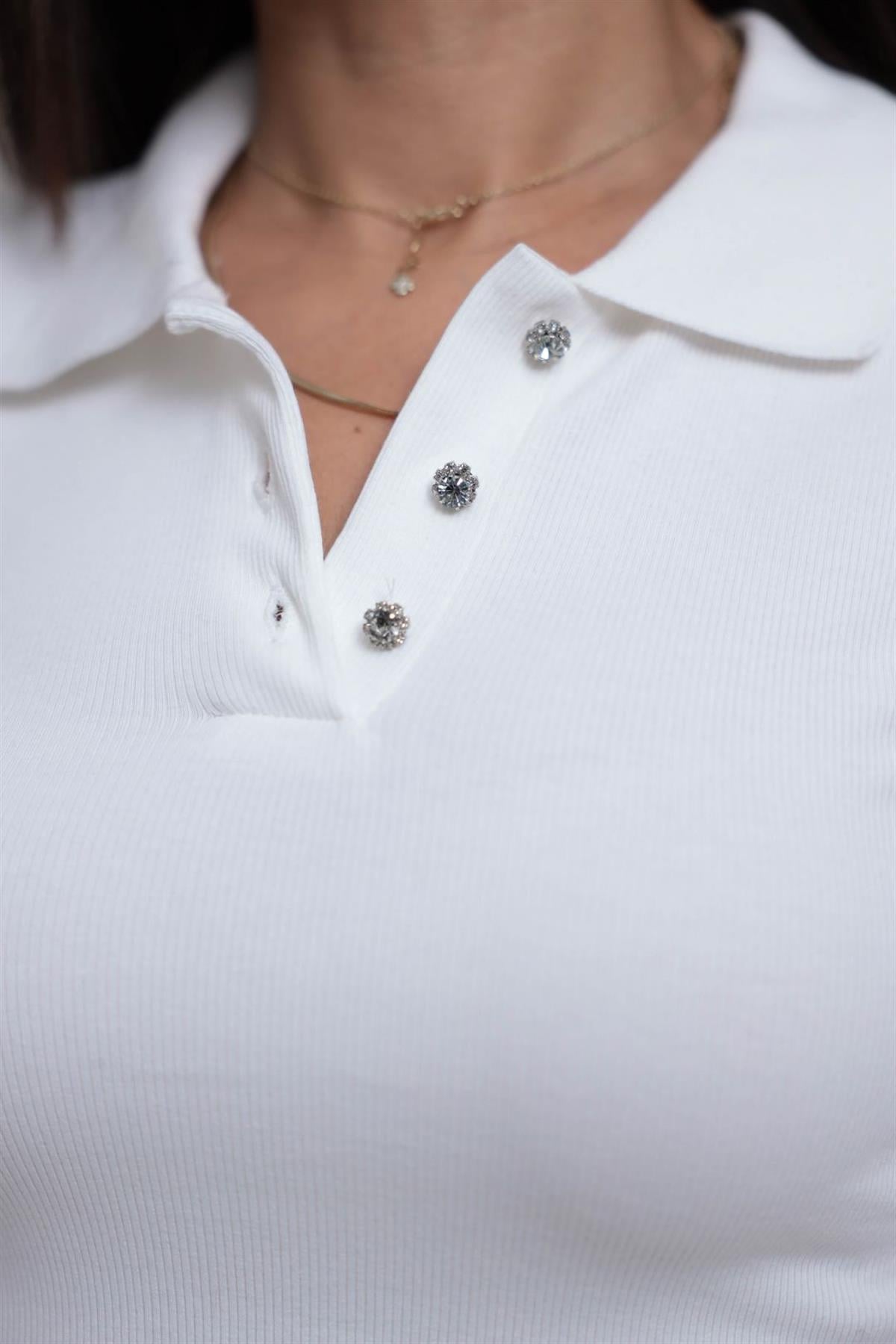 7195 Taş Düğme Detaylı Polo Yaka Bluz EKRU