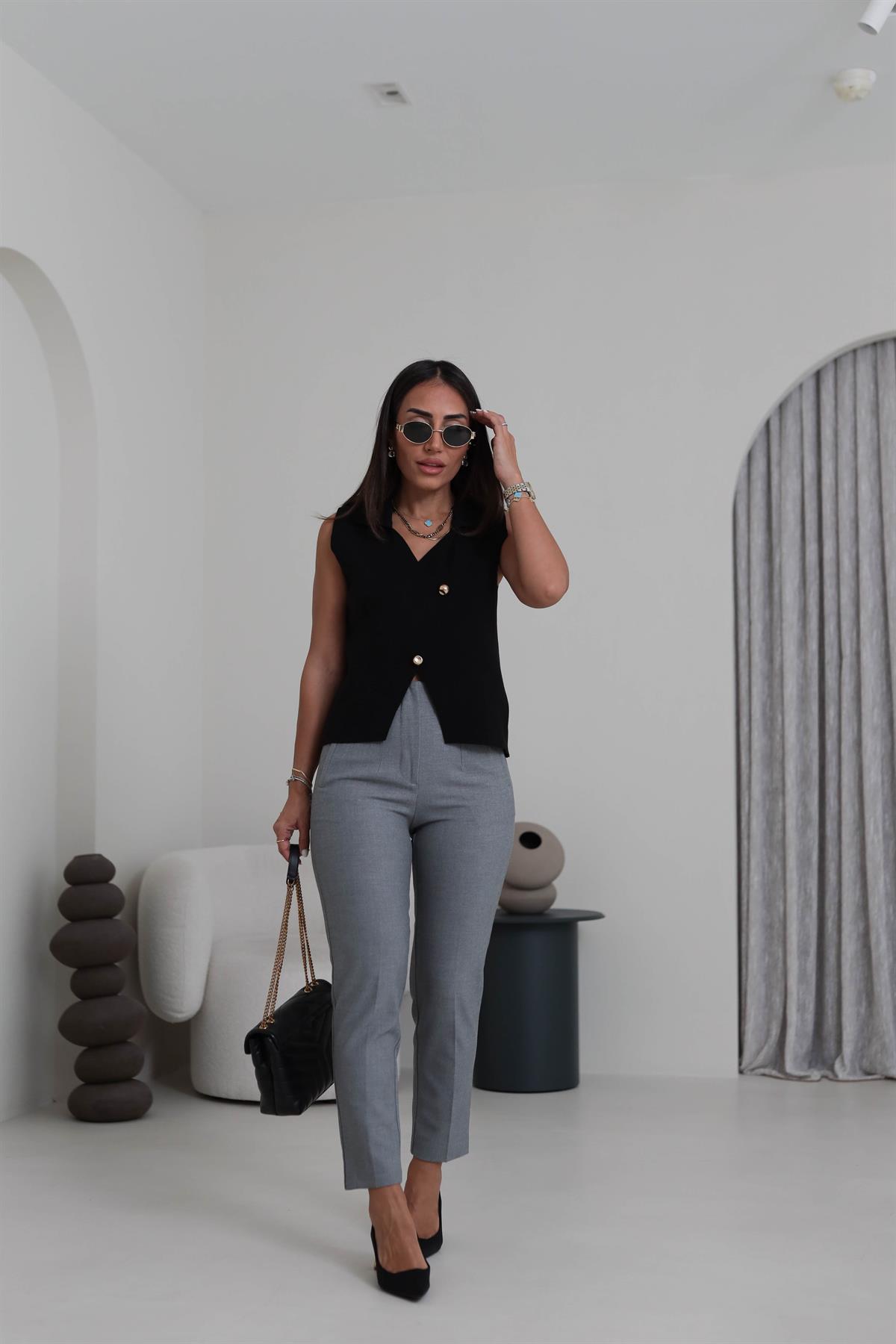 U5113-K Önü Flotalı Kumaş Pantolon KIRÇILLI GRİ