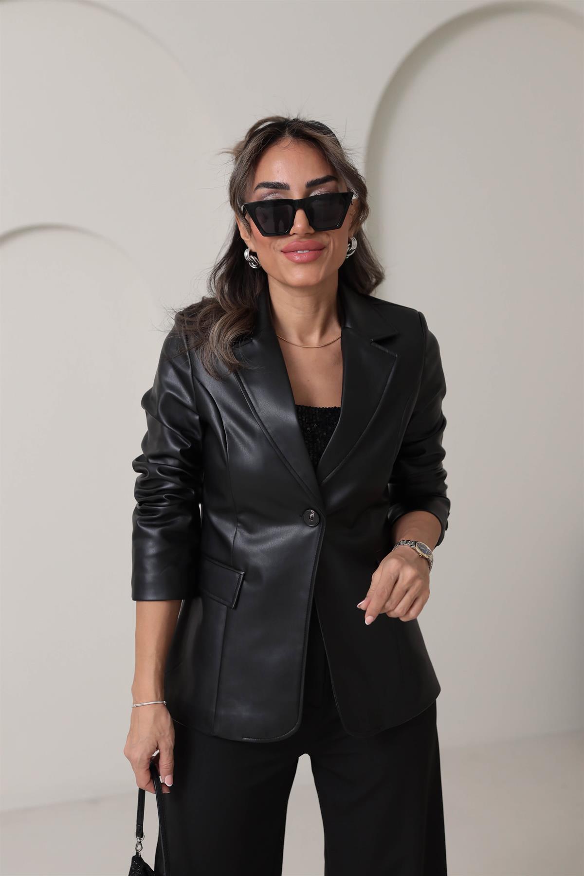 6499 Deri Blazer Ceket SİYAH
