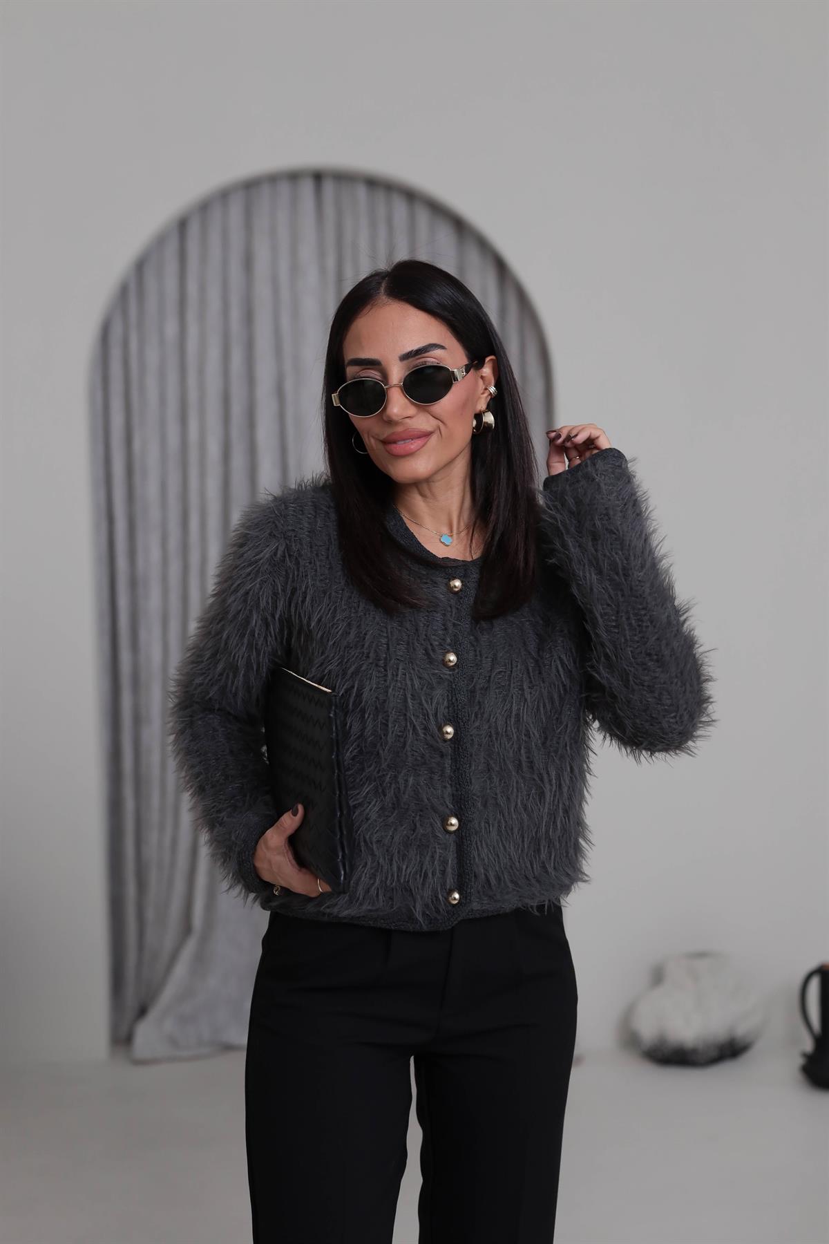 4938 Gold Düğme Detaylı Sakalı Hırka GRİ