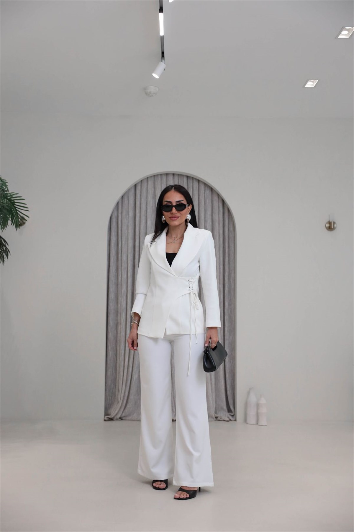 9295 Yandan Kuşgözü Bağlama Detaylı Ceket Pantolon Takım BEYAZ