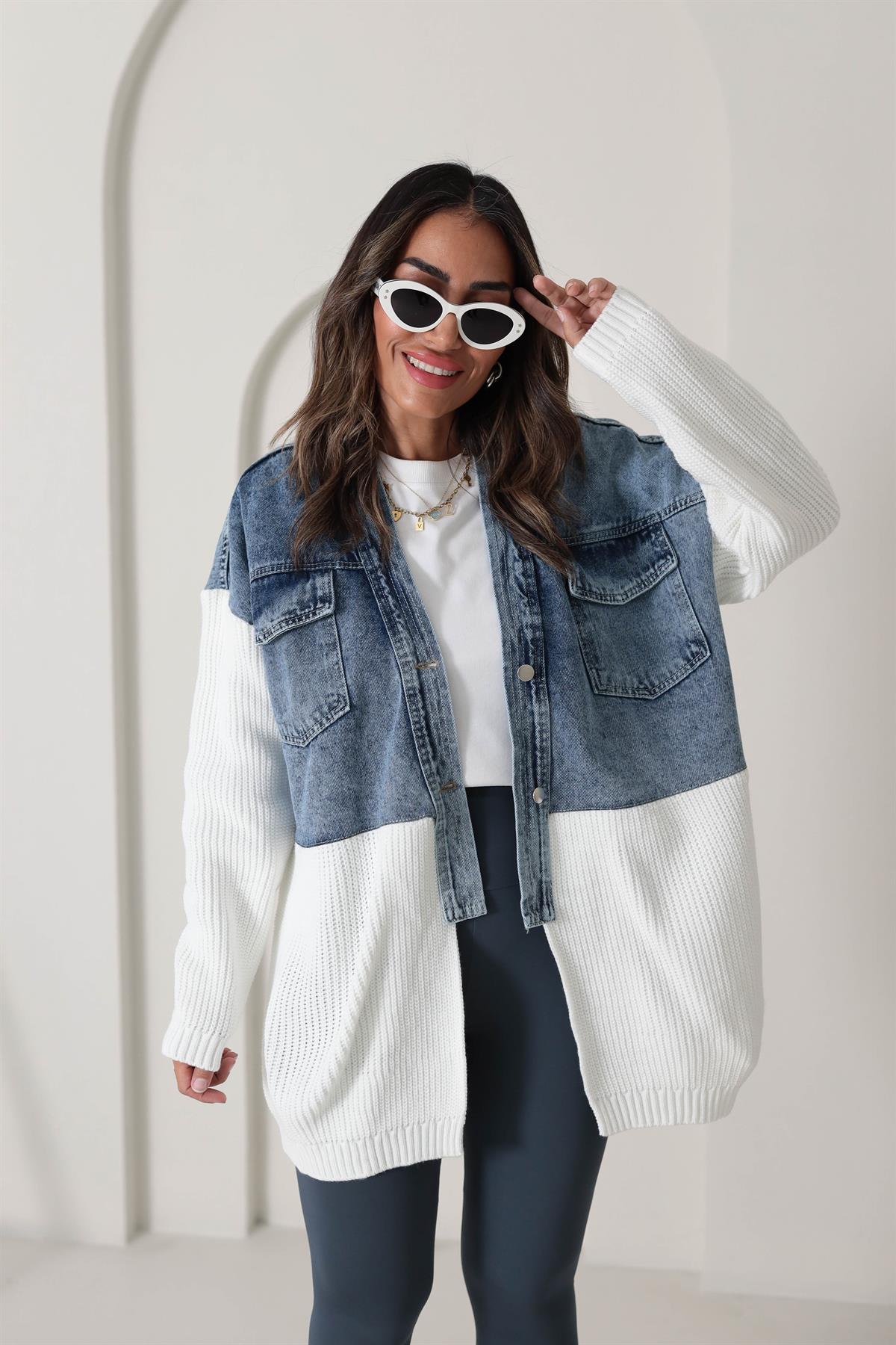 4139 Tasarım Triko ve Kot Garnili Ceket Hırka EKRU