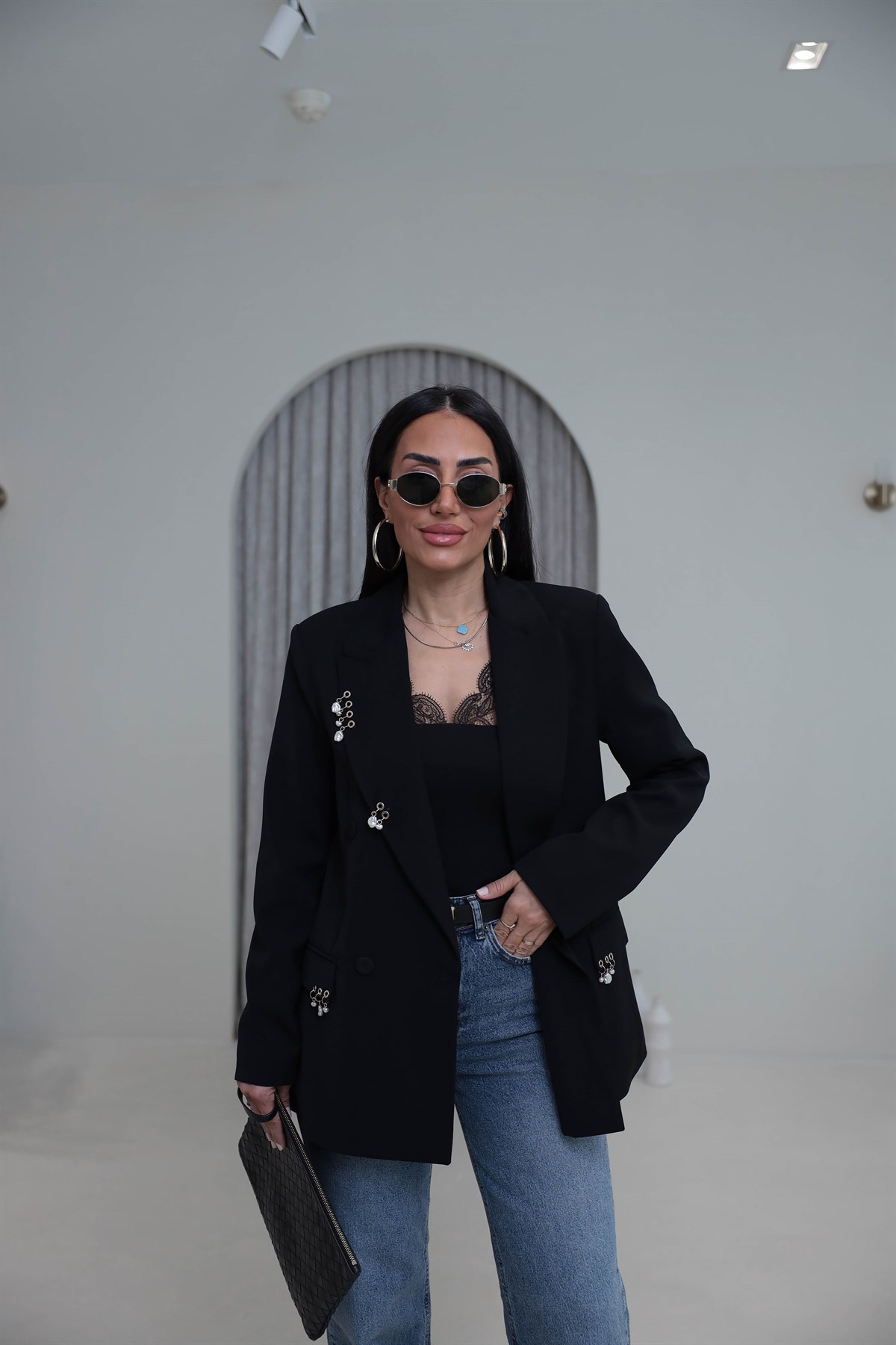 0756 Kuş Gözü Aksesuarlı Düğmeli Blazer Ceket SİYAH