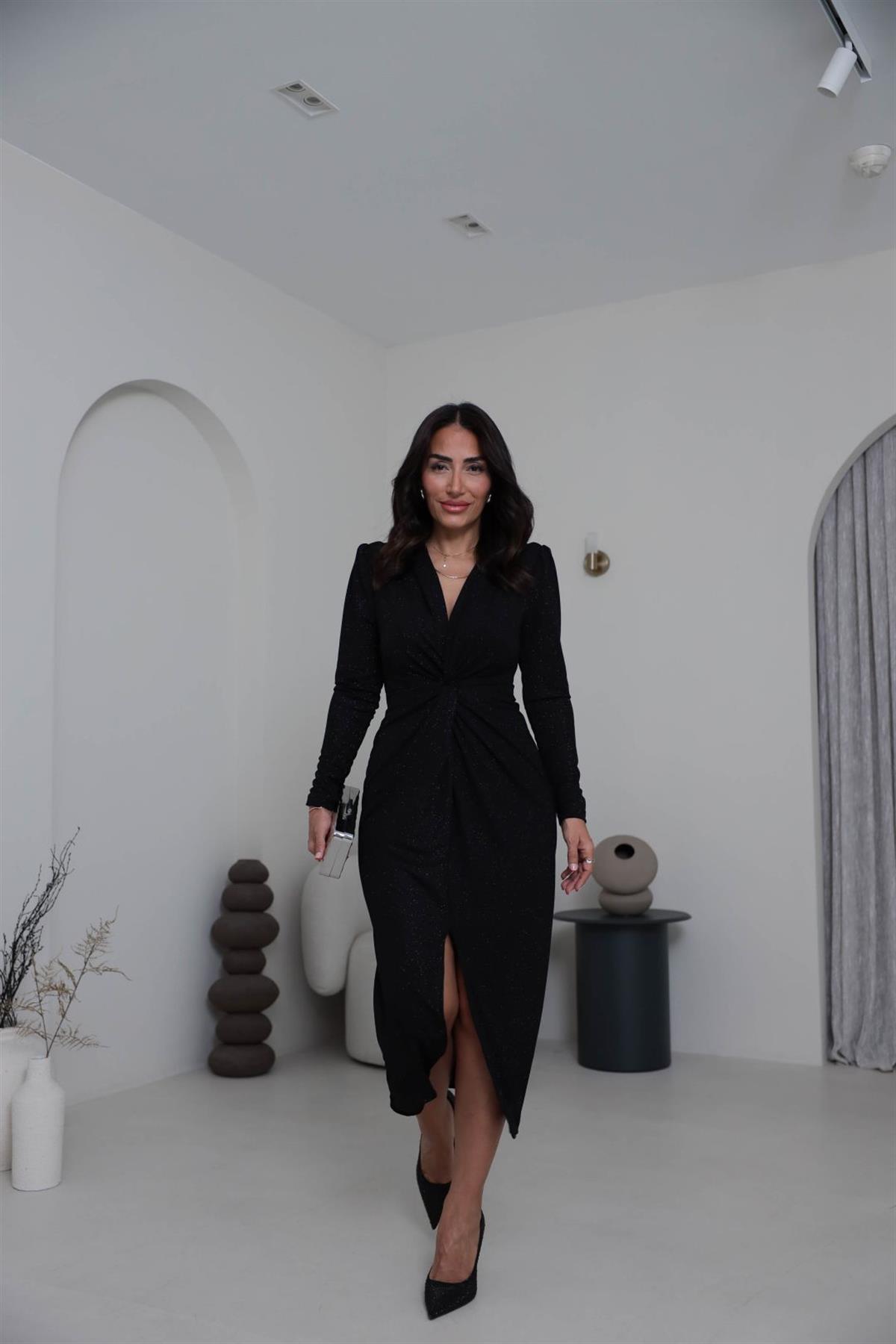 3633 Simli Likralı Düğüm Detay Midi Elbise SİYAH