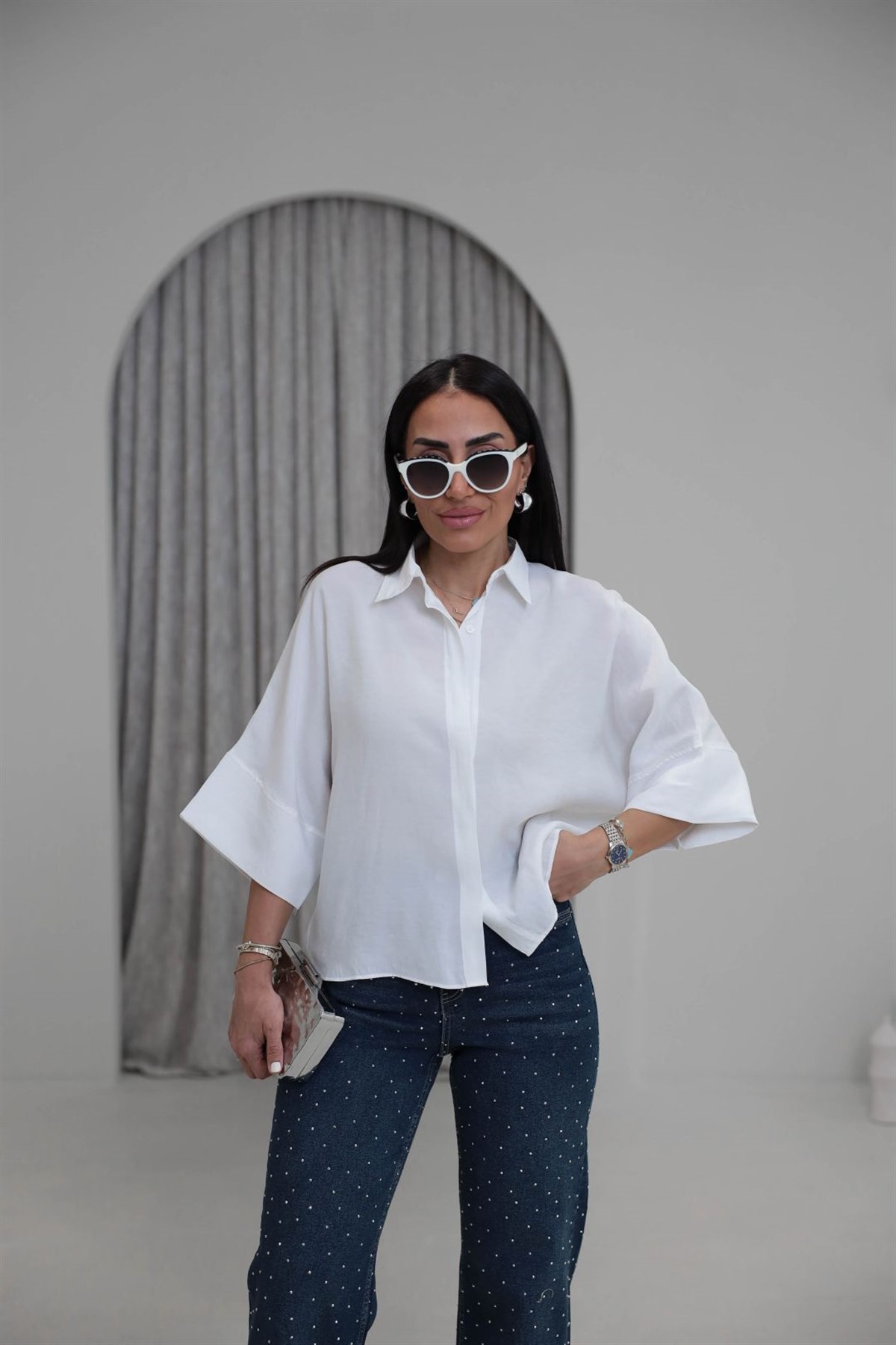 8406 Kısa Kol Tencel Gömlek EKRU