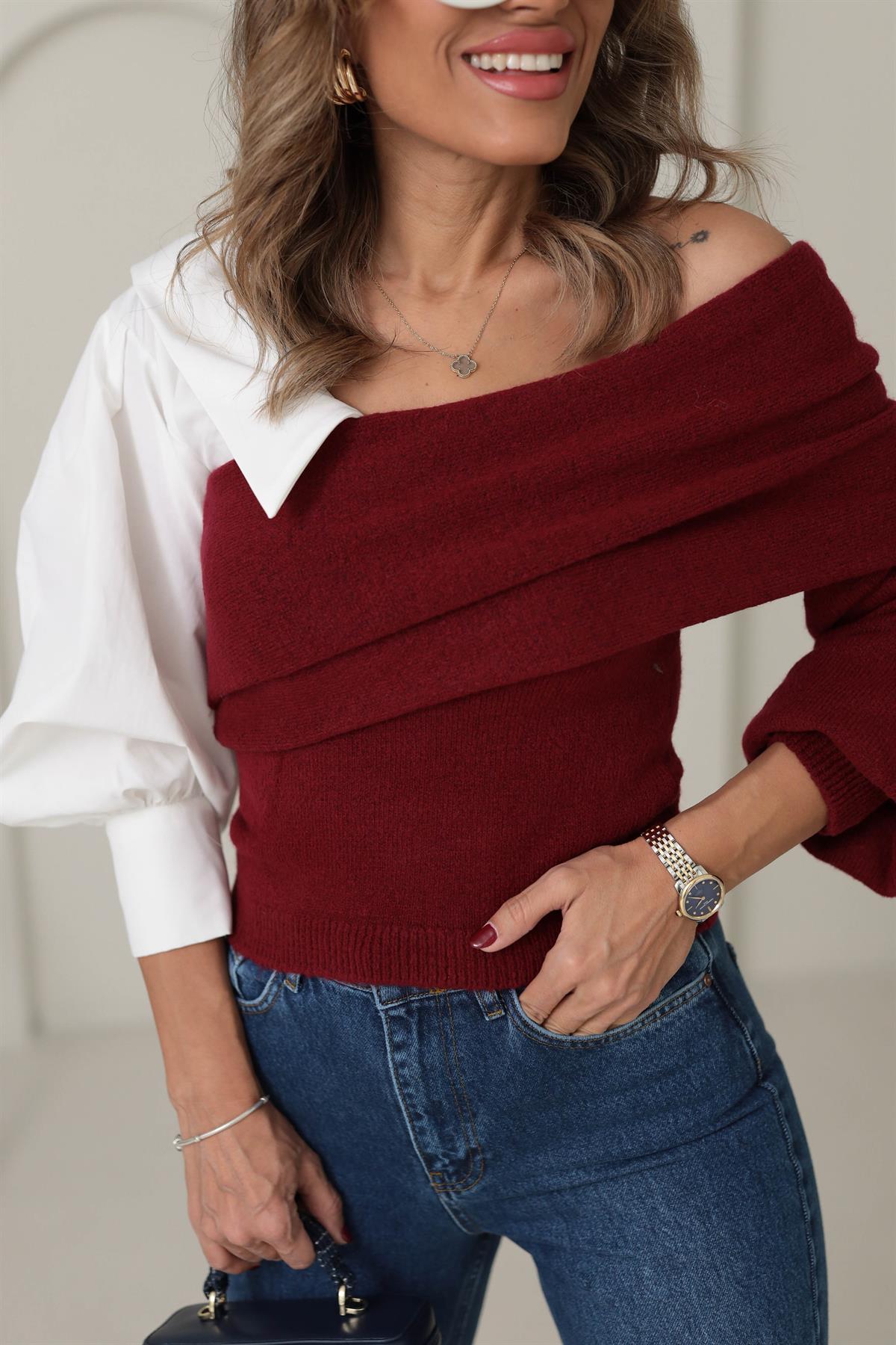 4256 Gömlek Garnili Triko Bluz BORDO