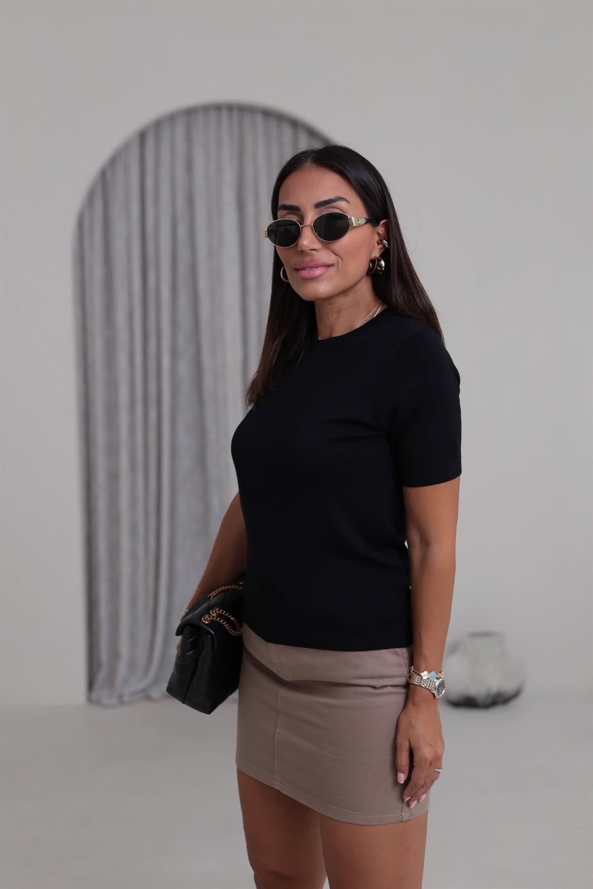 0779 Bisiklet Yaka Kısa Kol Basic Triko Bluz SİYAH