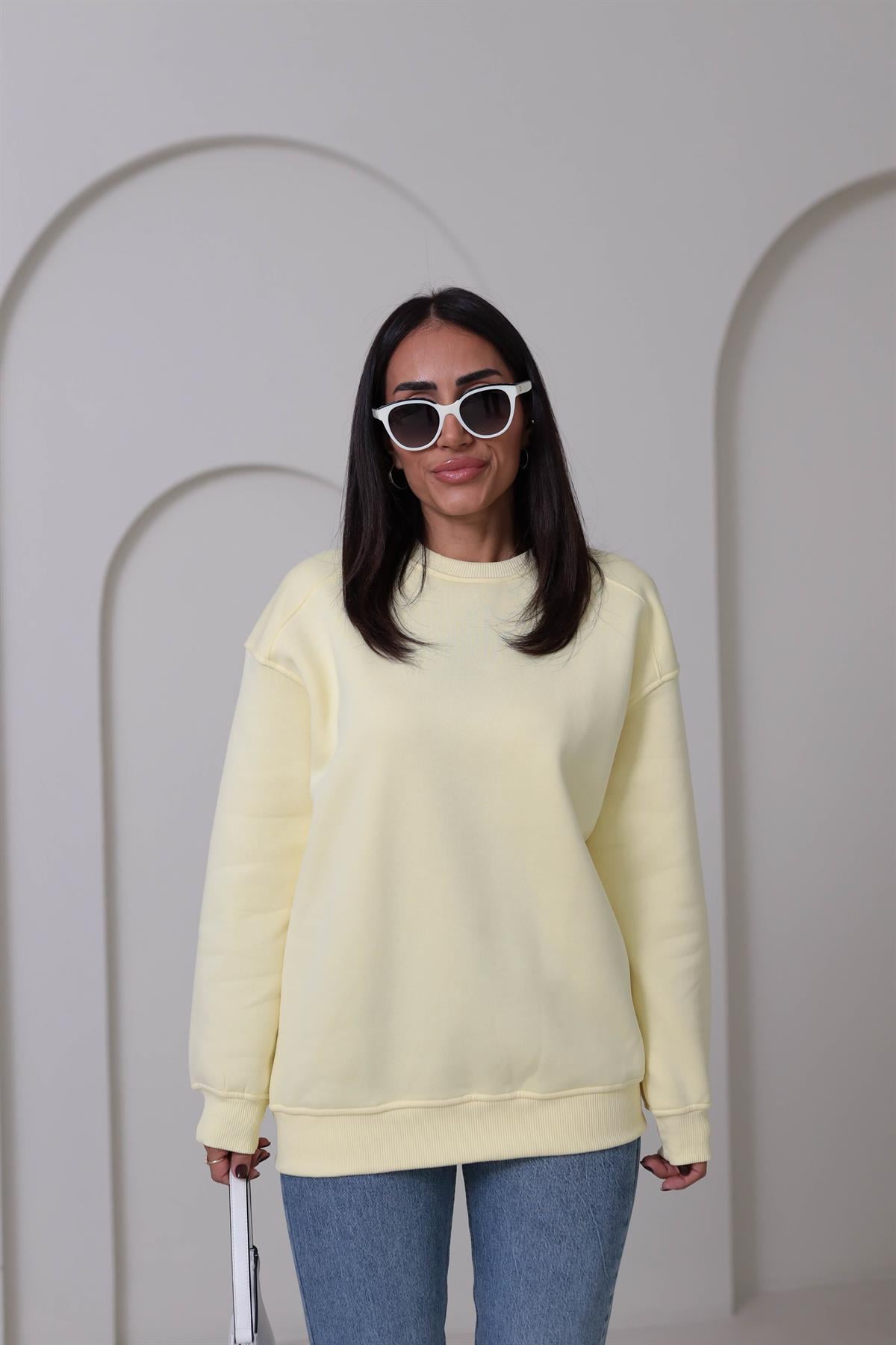 7912 Bisiklet Yaka Şardonlu Sweatshirt SARI