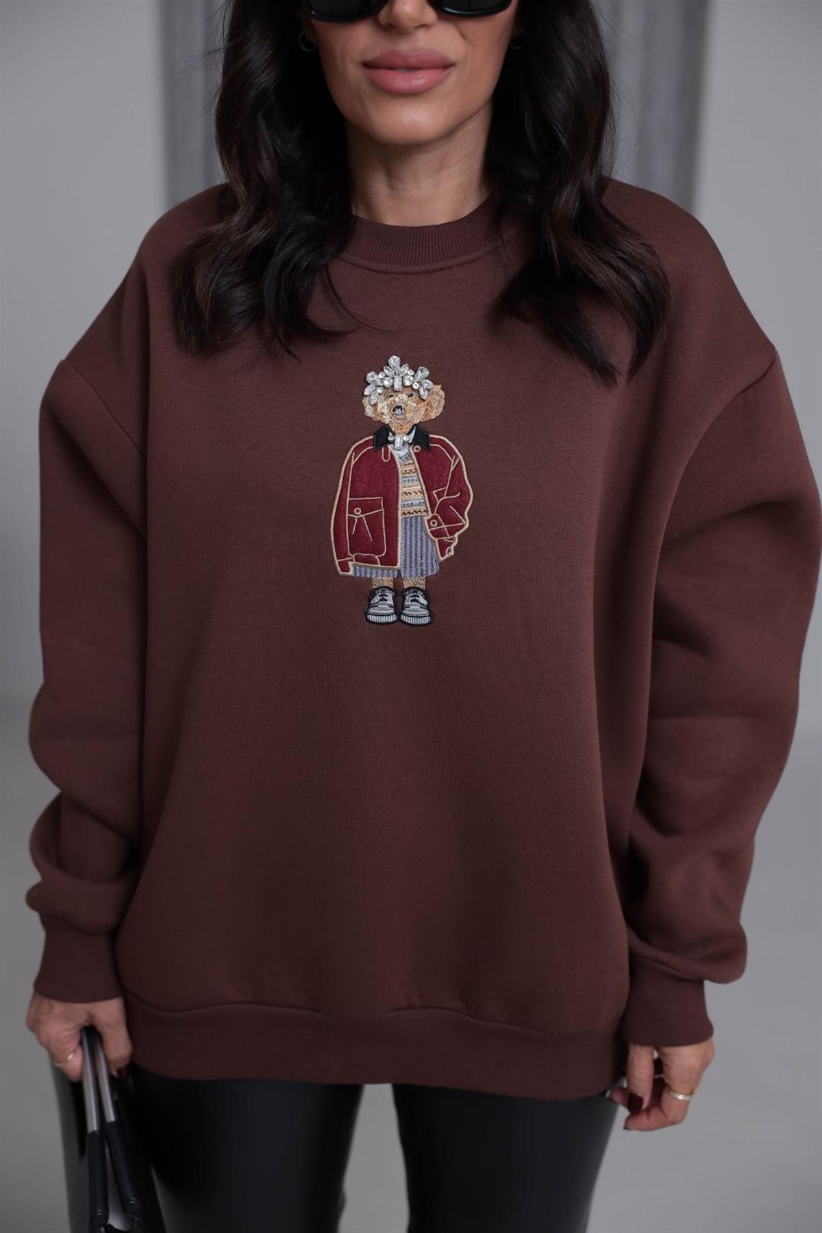 6910 Taşlı Aplikeli Şardonlu Sweatshirt KAHVE