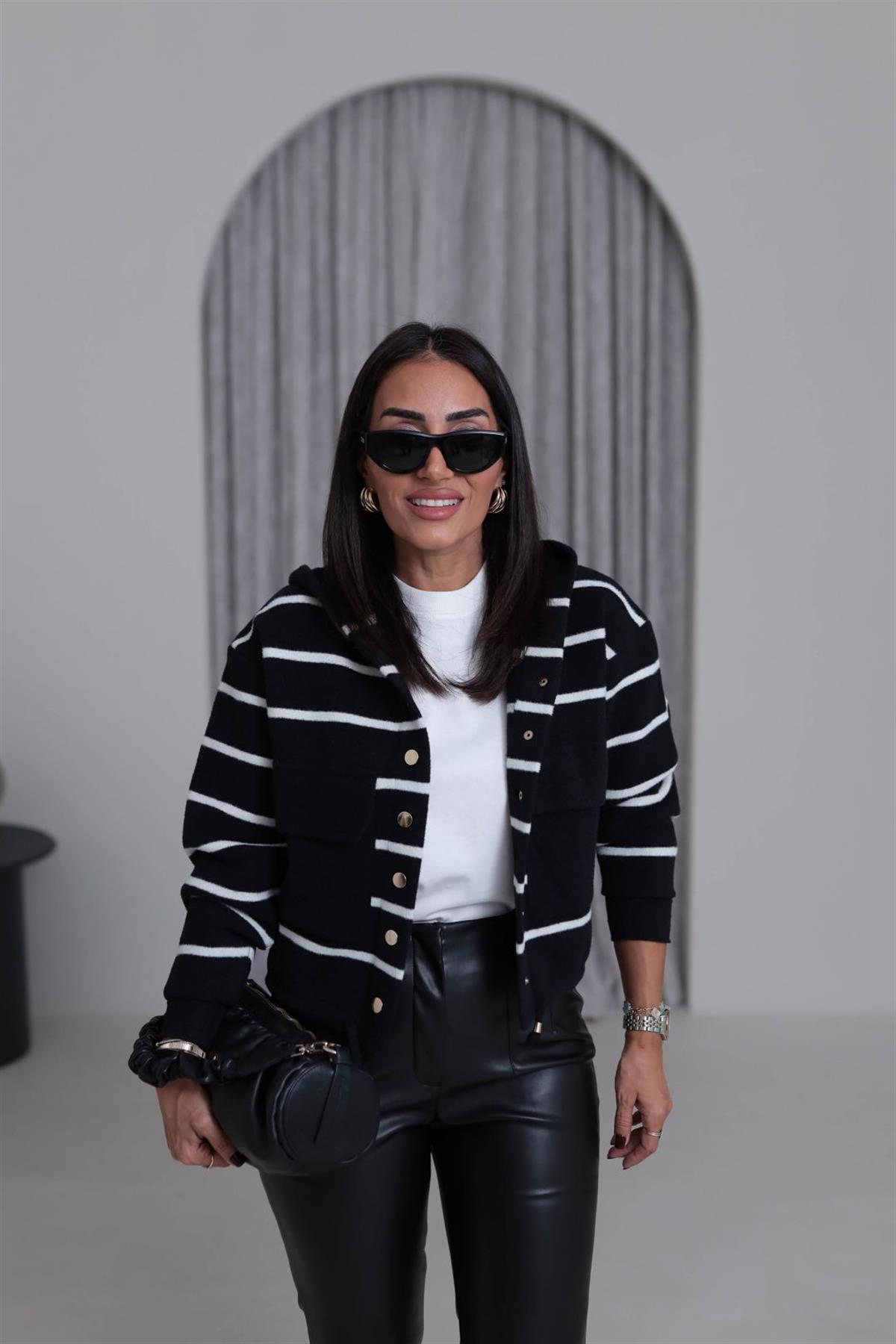 4600 Gold Düğme Detaylı Çizgili Angora Ceket SİYAH