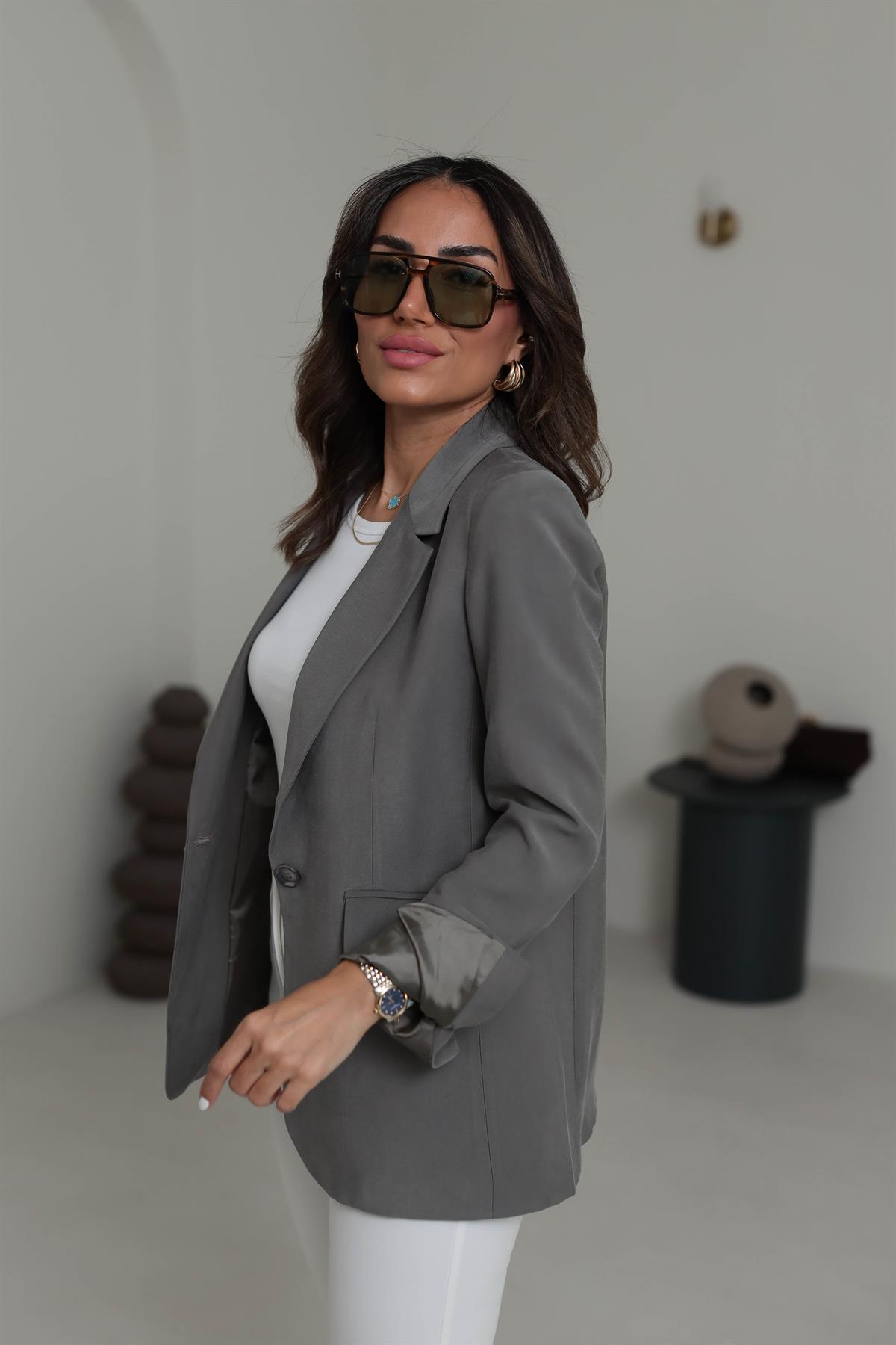 6757 Tencel Tek Düğme Blazer Ceket HAKİ YEŞİL