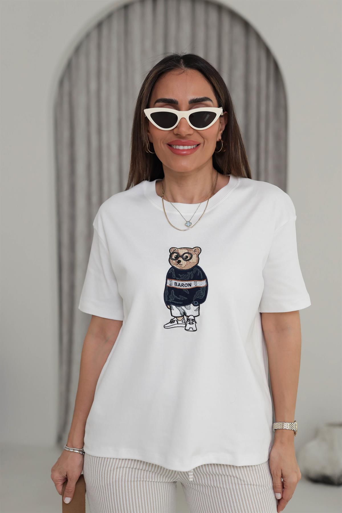 3512 Bisiklet Yaka Ayıcık Nakışlı Tshirt EKRU