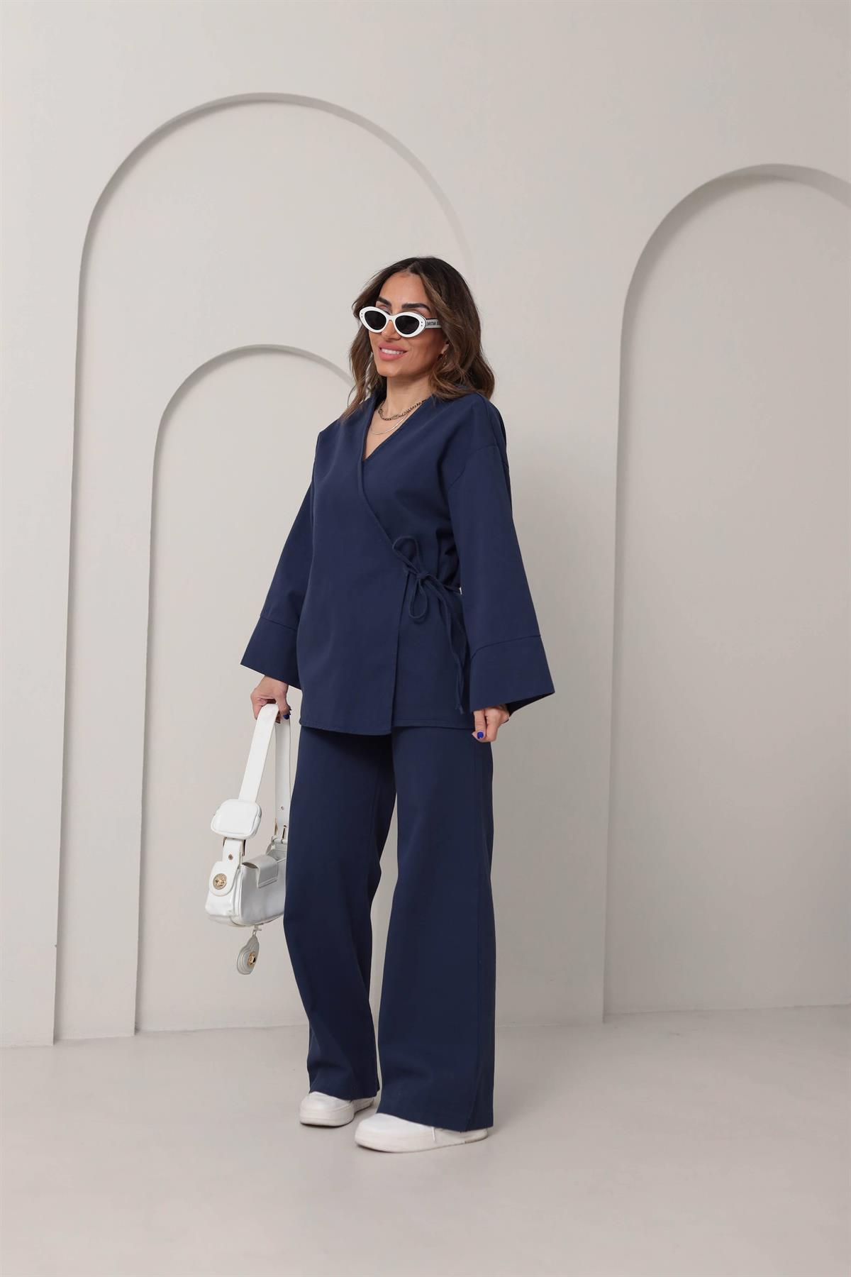 8629 Duble Kol Önden Bağlamalı Ceket & Pantolon Takım LACİVERT