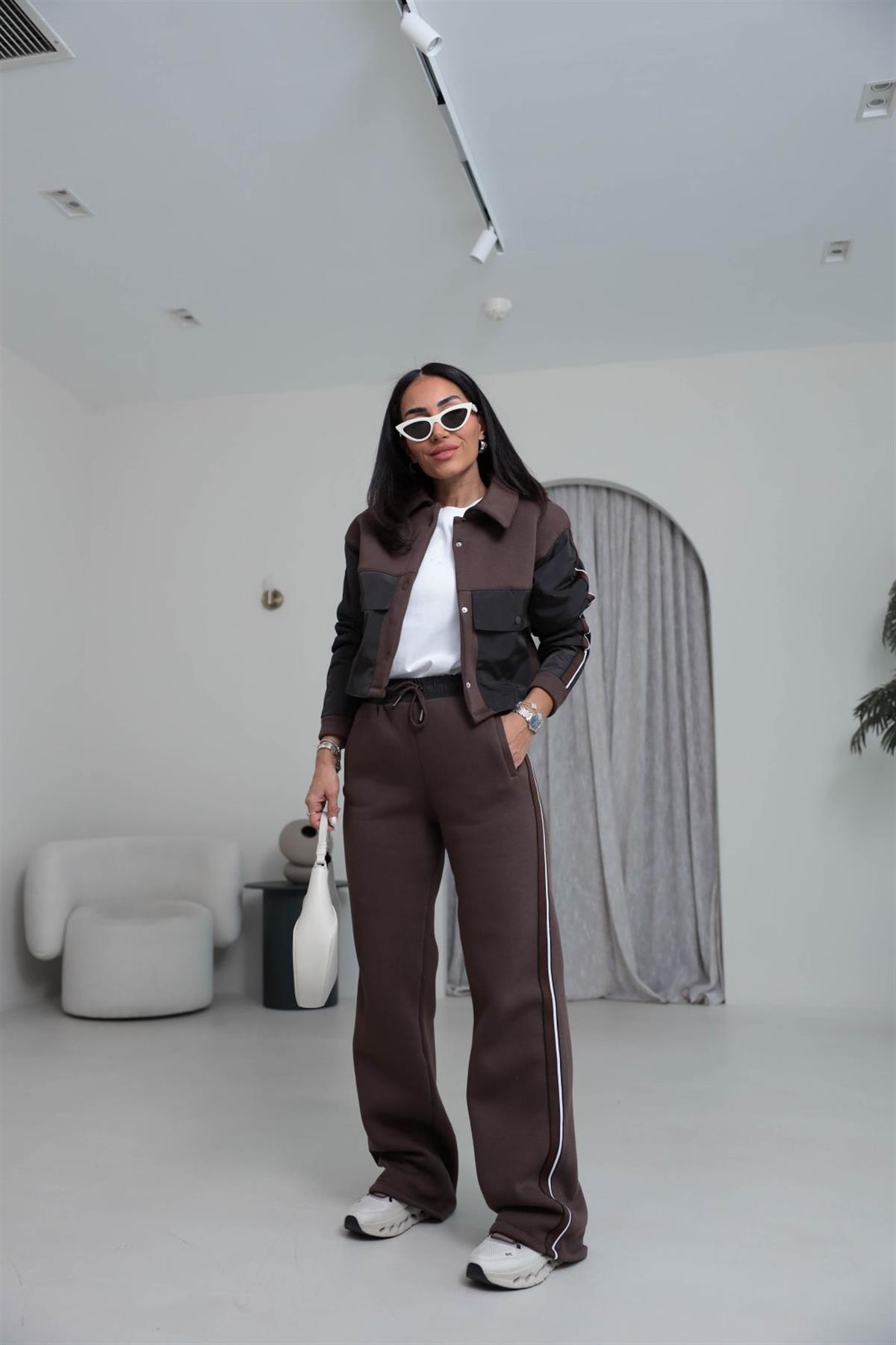 4076 Paraşüt Garnili 3 İplik Polo Yaka Çıtçıtlı Takım KAHVE