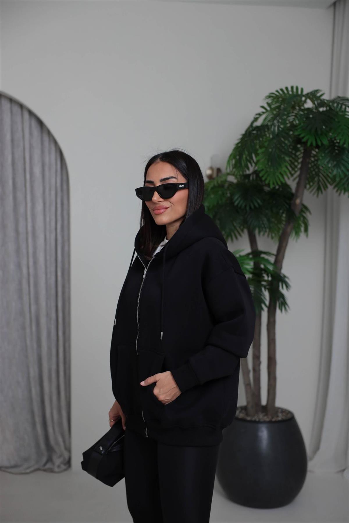 1003 3 İplik Şardonlu Kapşonlu Fermuarlı Ceket SİYAH