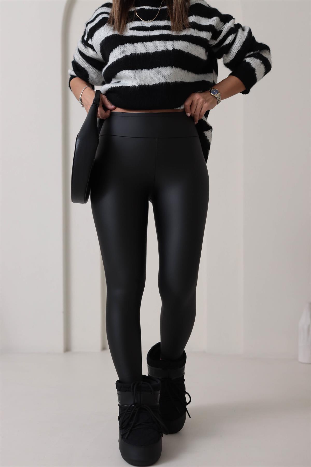 İçi Şardonlu Mat Deri Tayt SİYAH