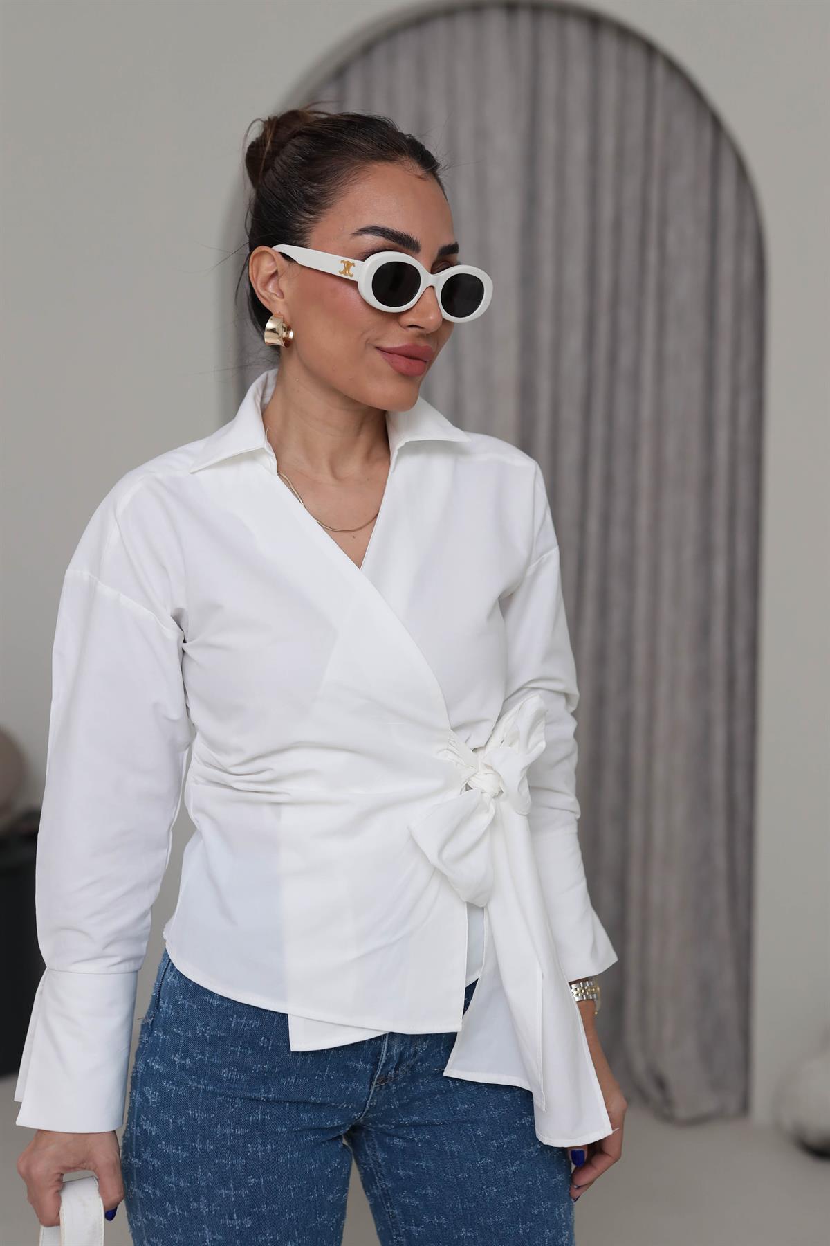 1023 Kruvaze Yaka Yandan Bağlamalı Poplin Gömlek EKRU