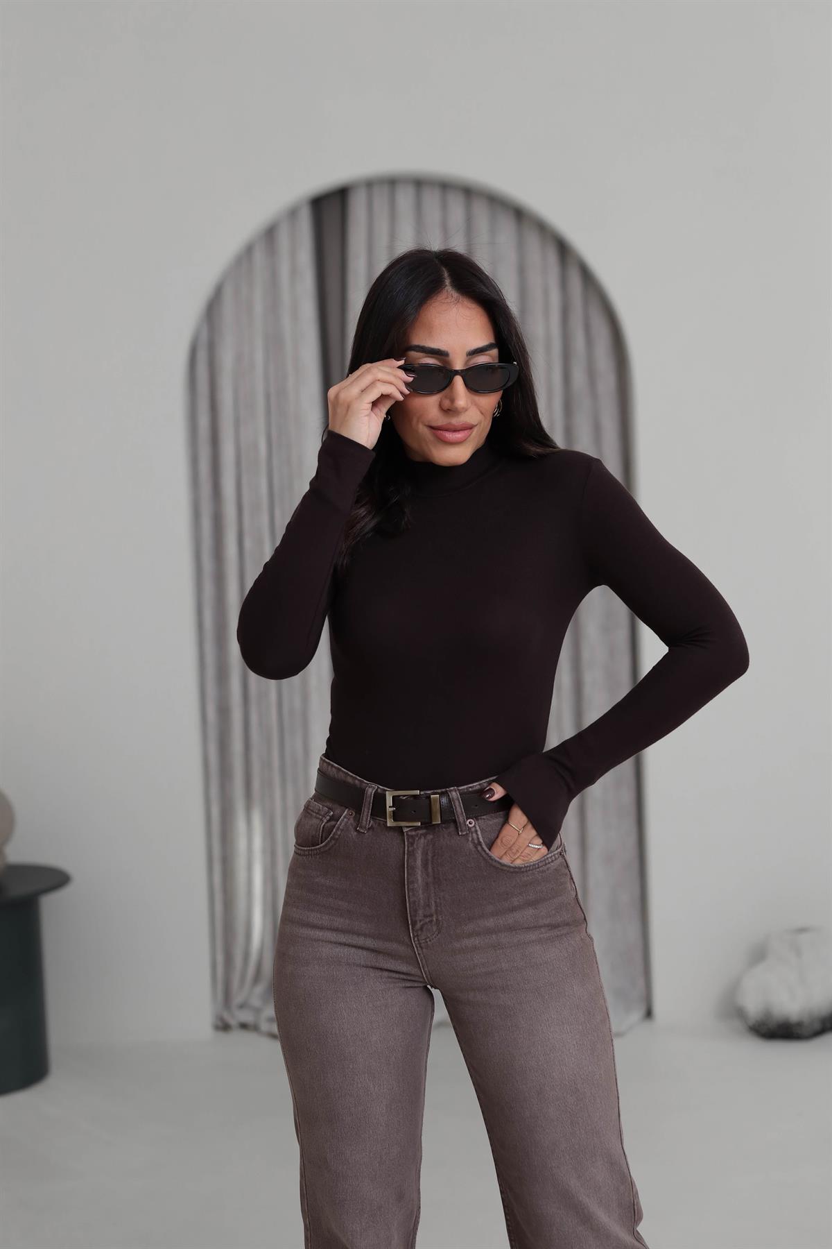 4144 Balıkçı Yaka Uzun Kol Bluz KAHVE