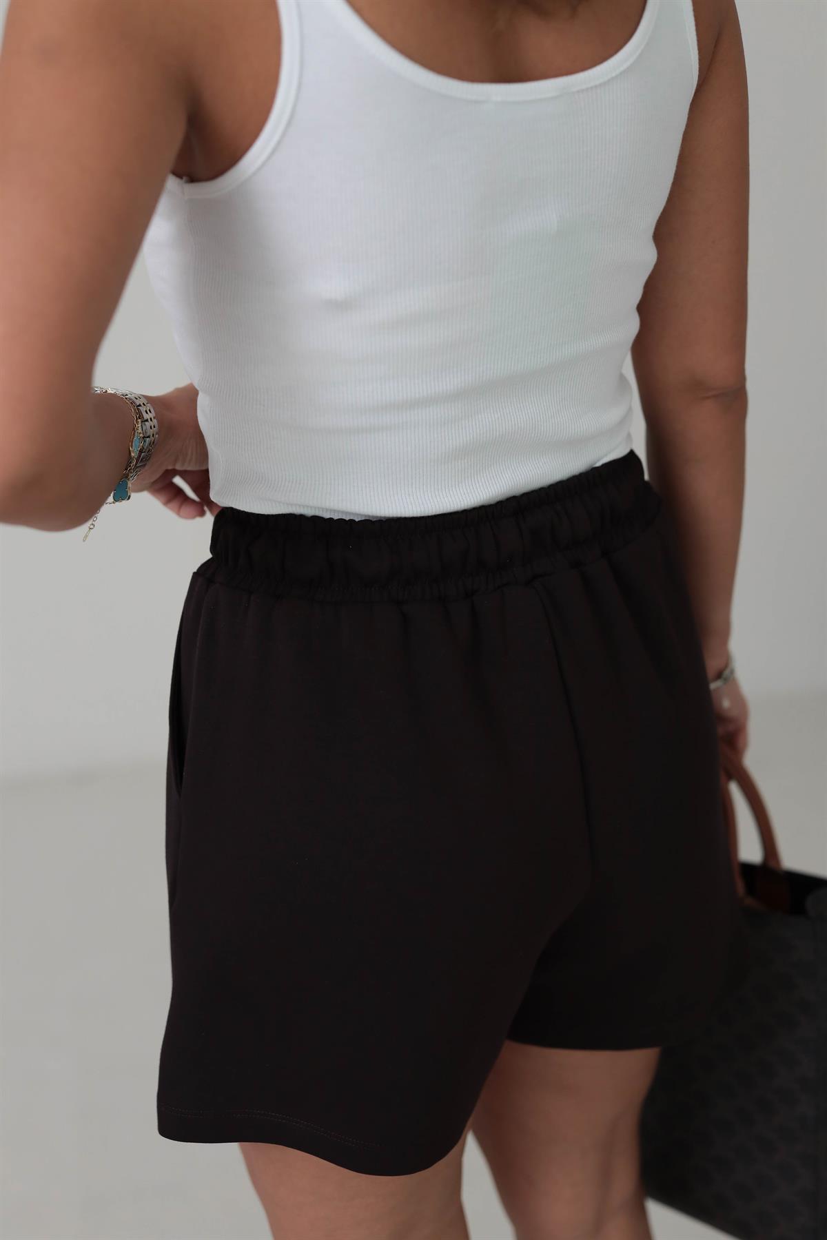 029 Gümüş Yazı Detaylı Modal Kumaş Şort ACI KAHVE