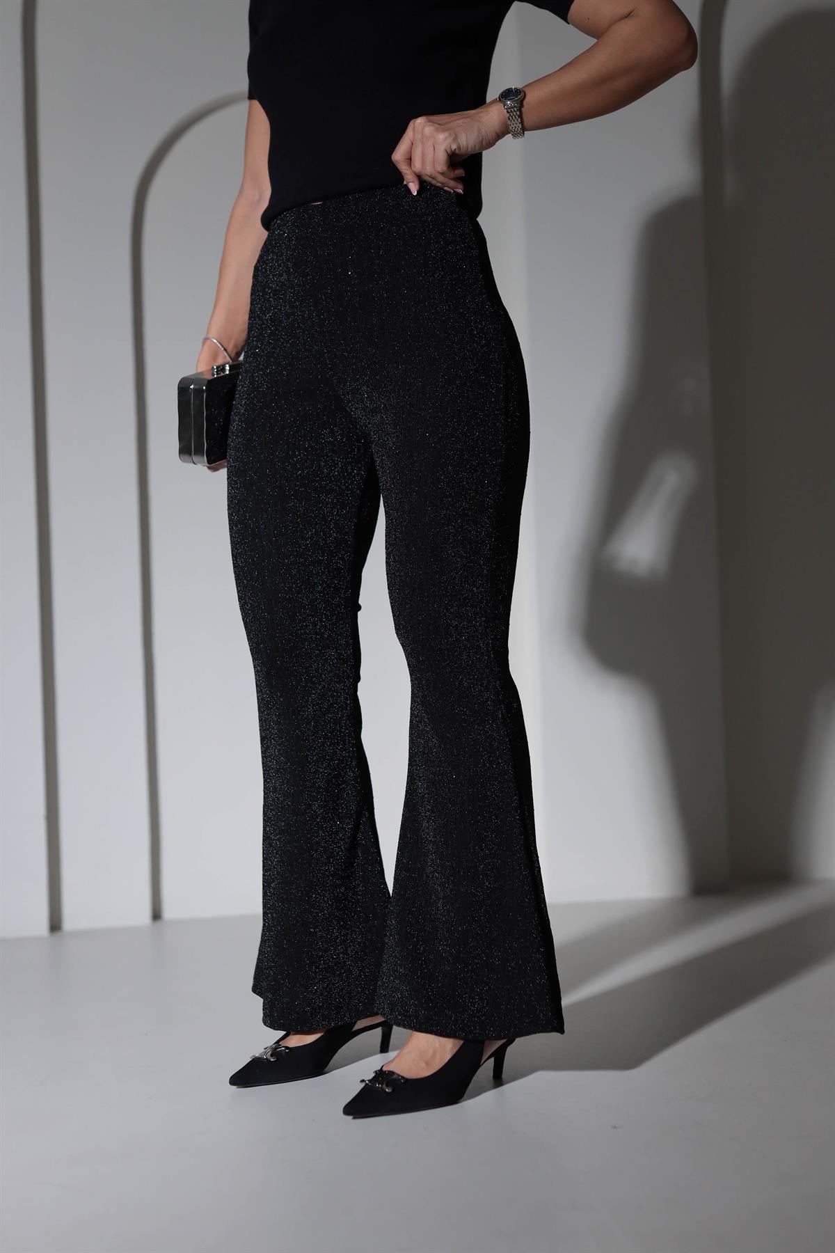 9417 Taşlı Pırıltılı İspanyol Paça Likralı Pantolon SİYAH