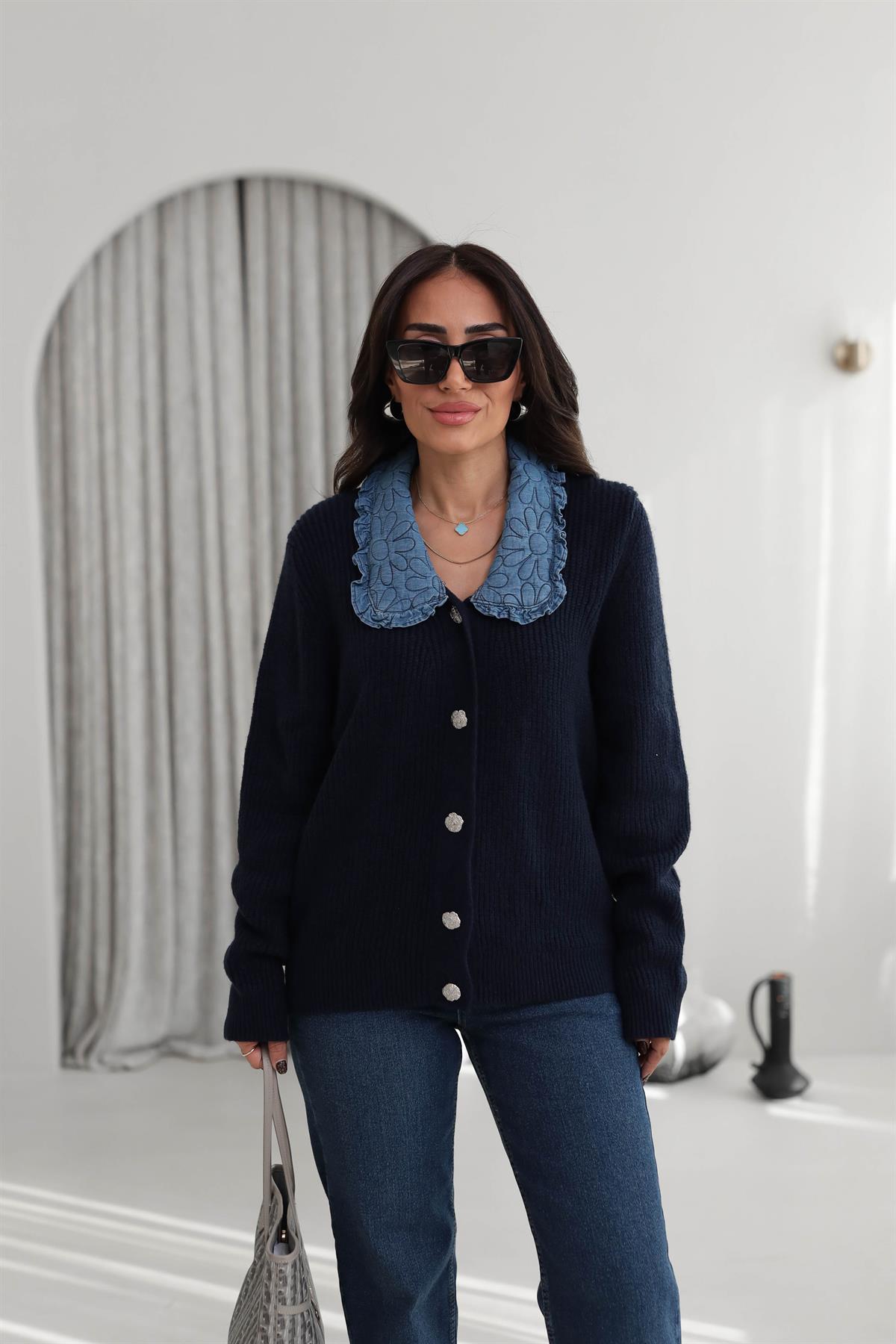 1105 Yakası Kapitone Kot Kumaş Detaylı Hırka LACİVERT