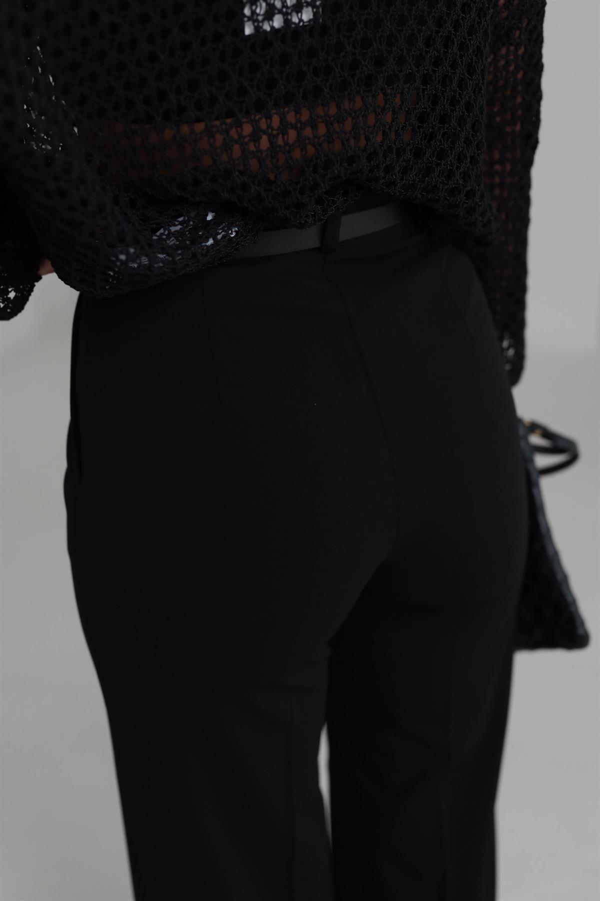 9011K Kemerli Likralı Palazzo Pantolon SİYAH