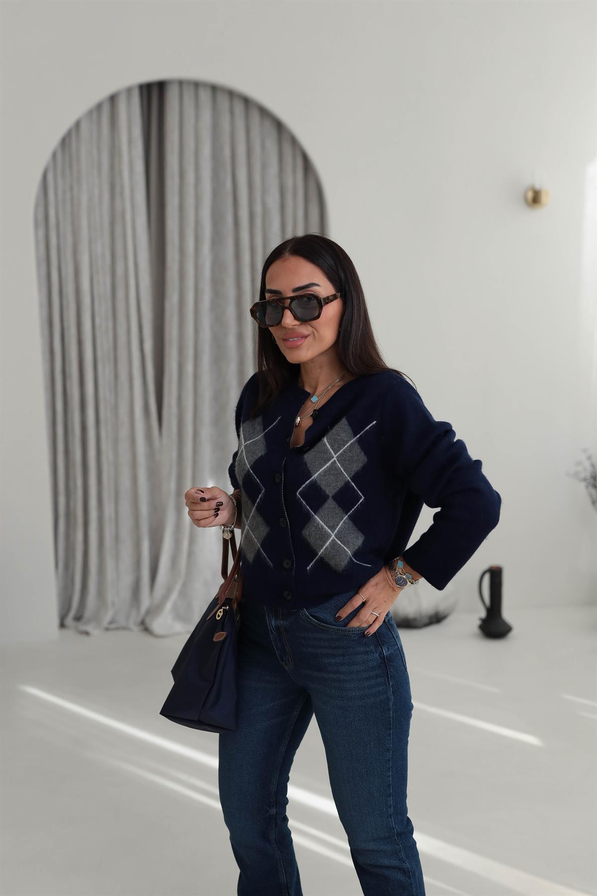 5263 Bisiklet Yaka Baklava Desen Massi Hırka LACİVERT