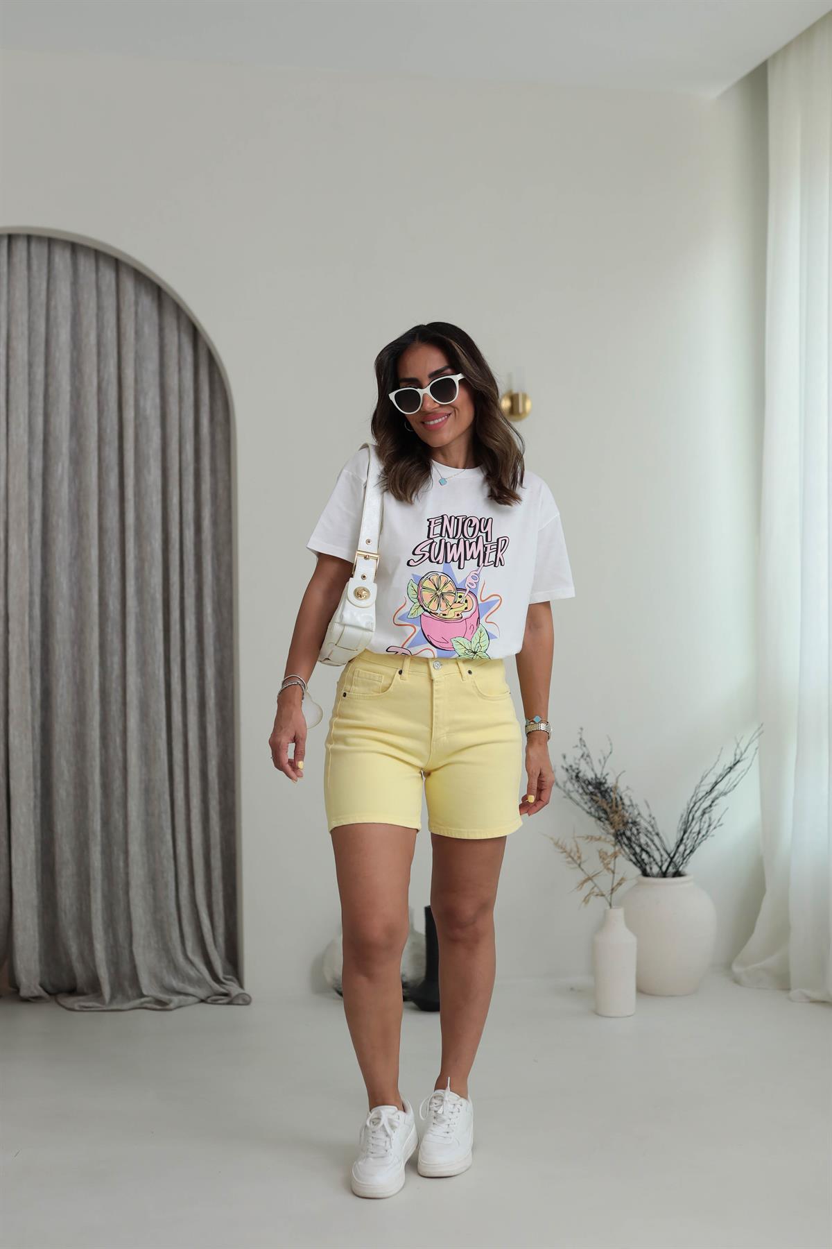 0498 Yazı Ve Baskı Detaylı Pamuklu Tshirt EKRU