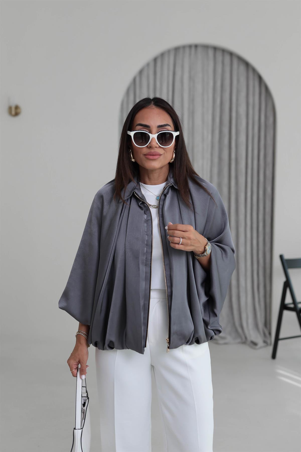 9584 Kendinden Desenli Saten Bomber Ceket ANTRASİT