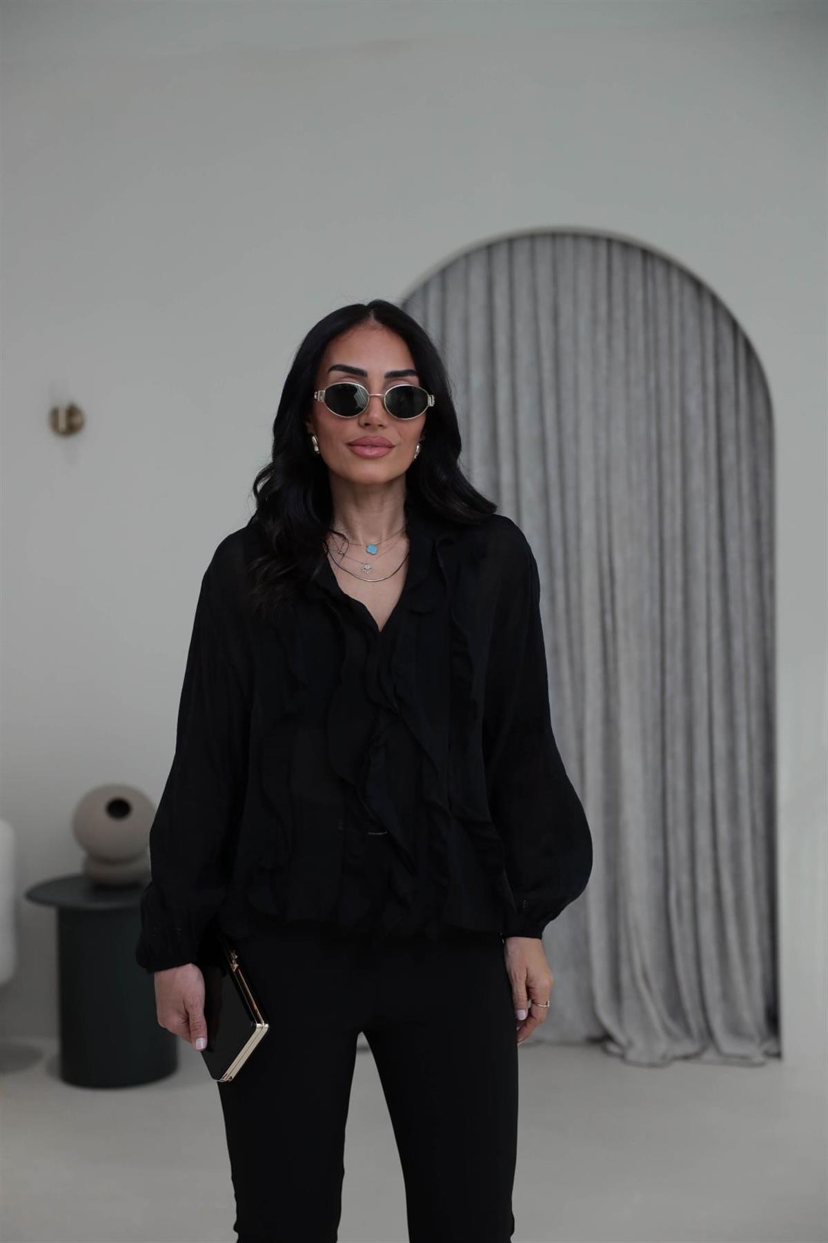 5023 Yaka Fırfırlı Liyosel Bluz SİYAH