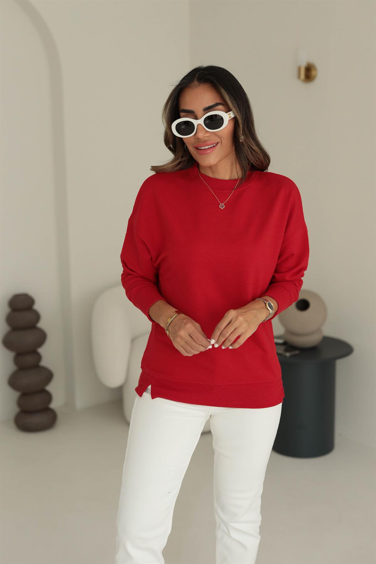 9002 Düz Basic Sweatshirt KIRMIZI