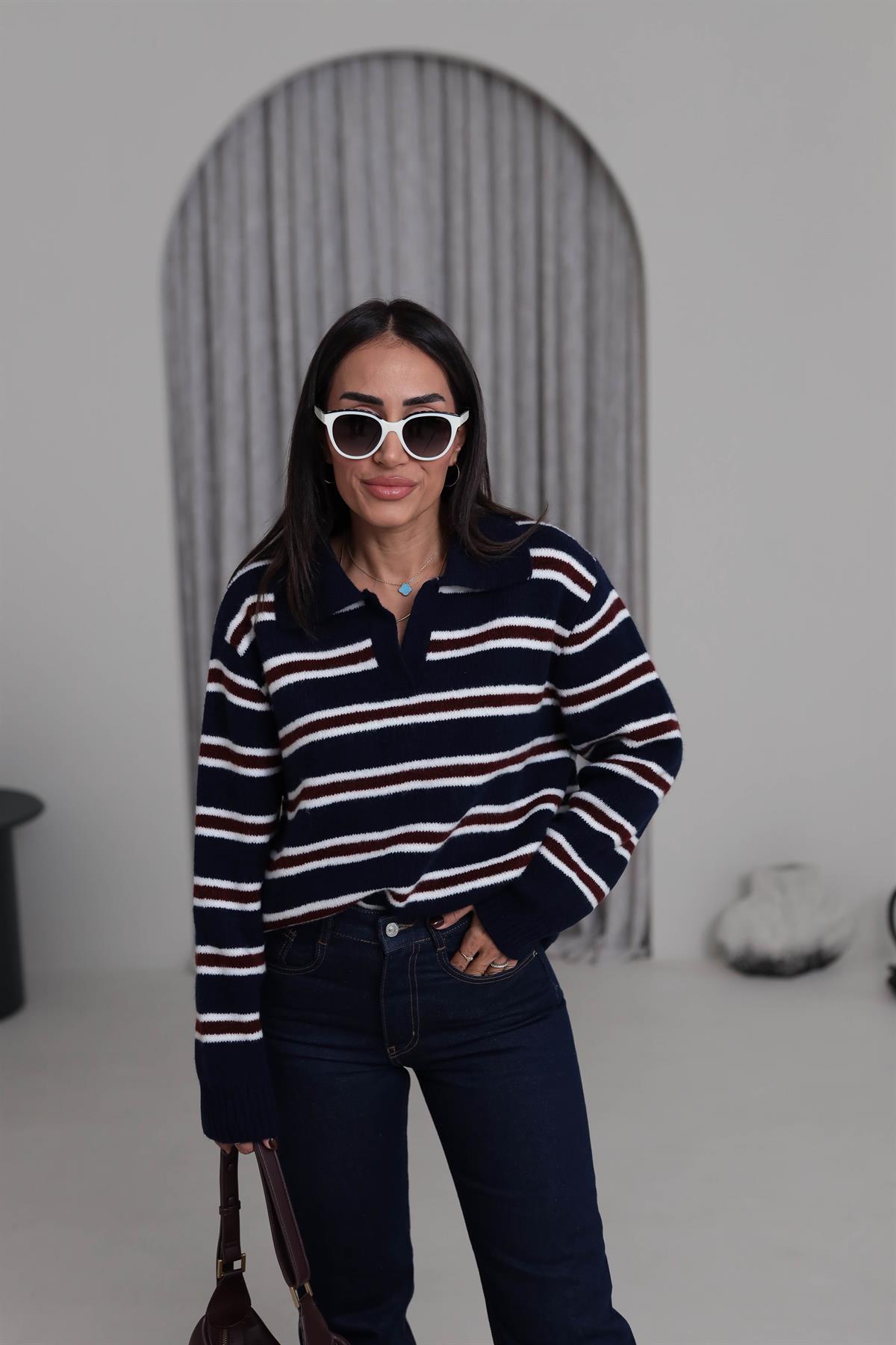 2541 Polo Yaka Çizgili Triko Kazak LACİVERT